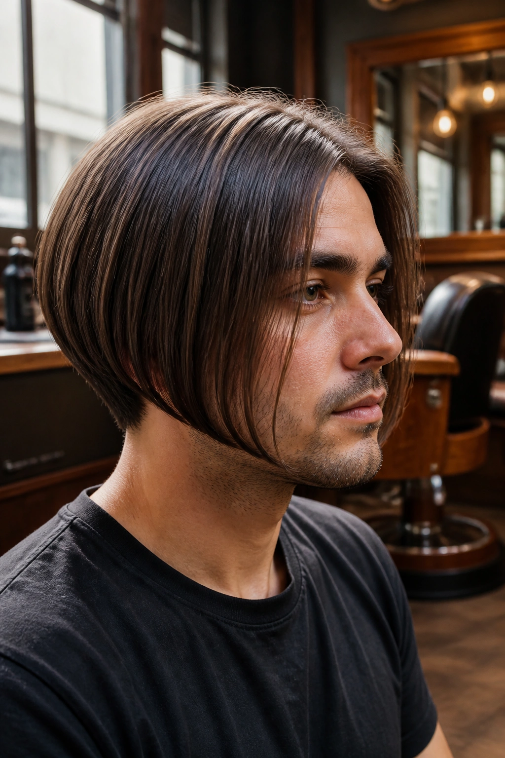 Close-up portrait of man with classic inverted bob highlighting nape and chin-length front