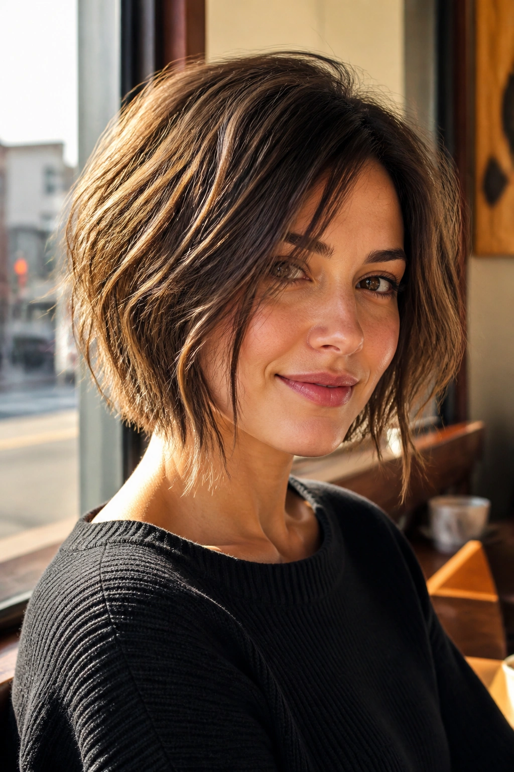 Medium close-up of a real person with a messy inverted bob.