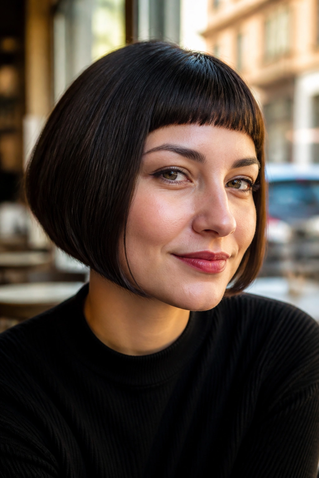 Close-up portrait of a real woman with inverted bob and micro fringe.