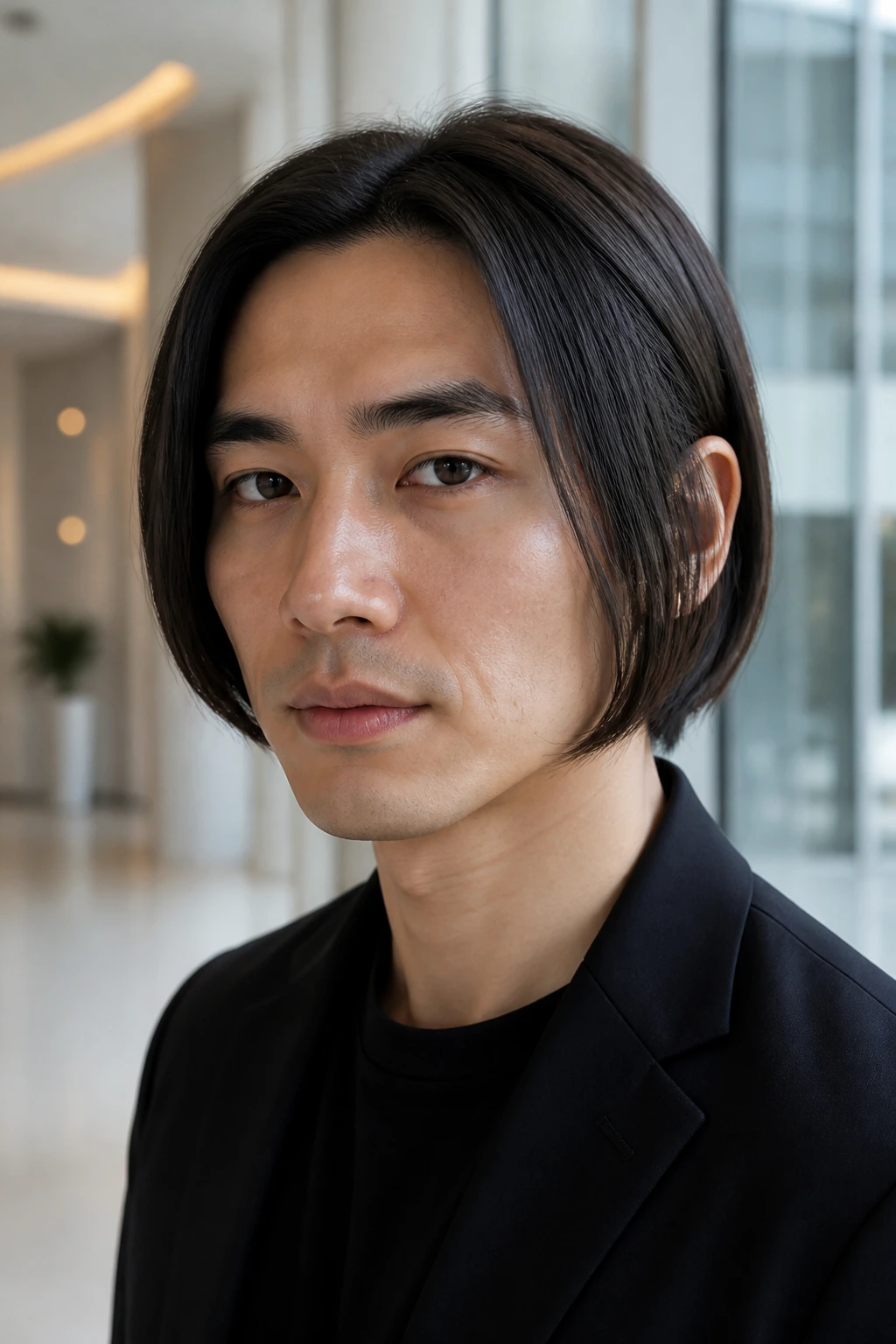 Close-up portrait of a man with an oval face wearing a minimalist inverted bob in a bright lobby.