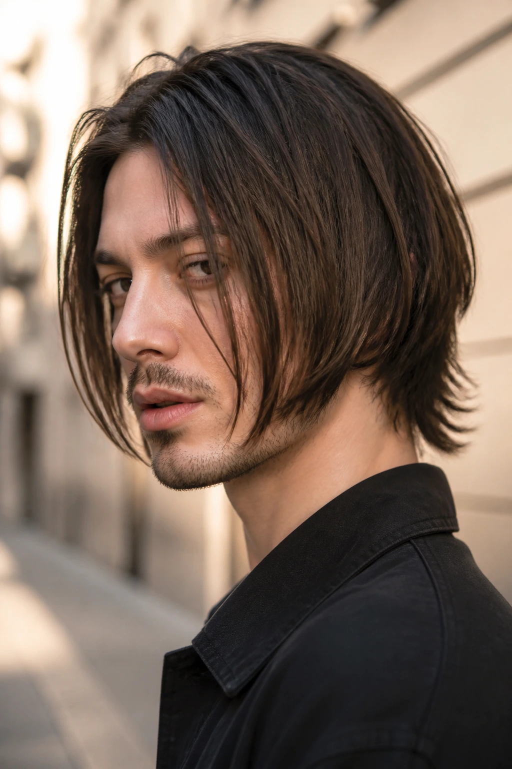 Man with mullet-leaning inverted bob showing front framing and longer back in a street setting.