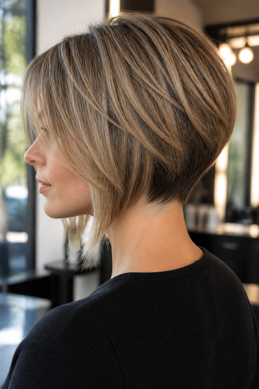 Real woman with inverted bob and lifted nape in bright window light