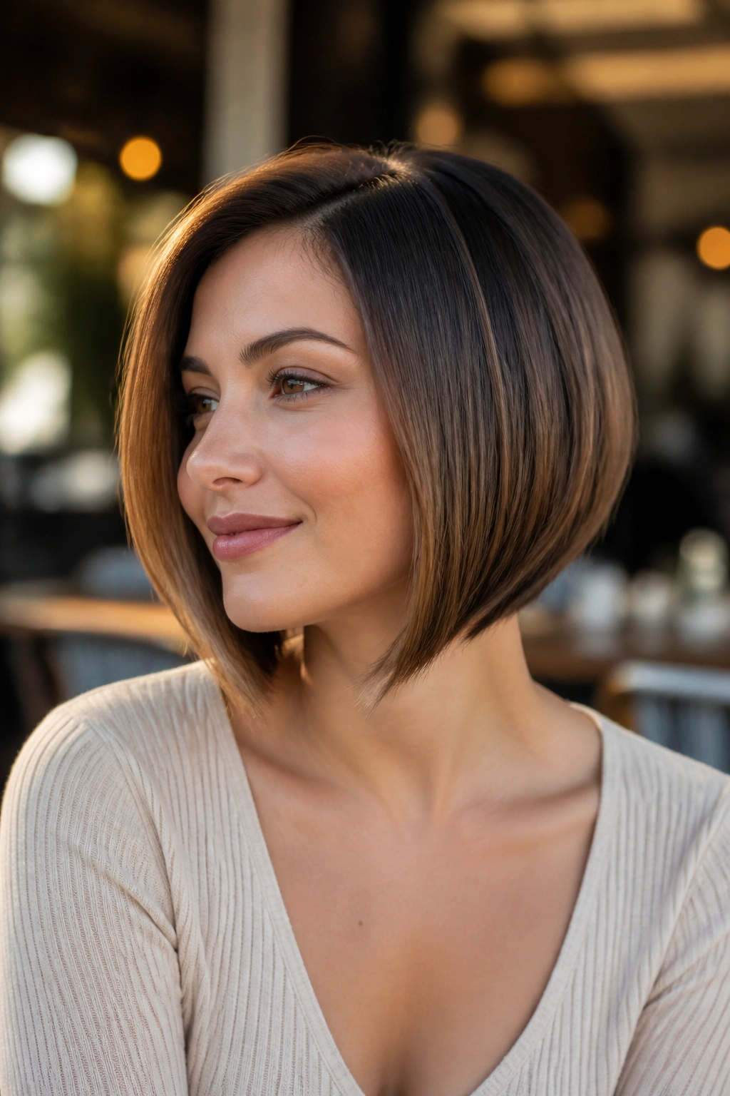 Close-up portrait of a real woman with a subtle inverted bob and nape lift.