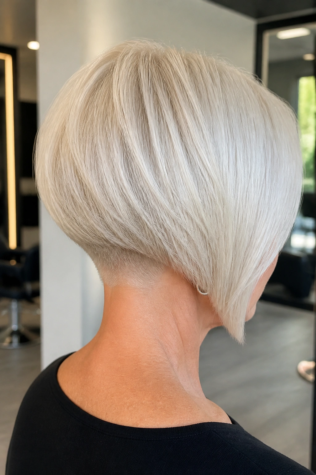 Rear view of a real woman with an inverted bob and clean nape