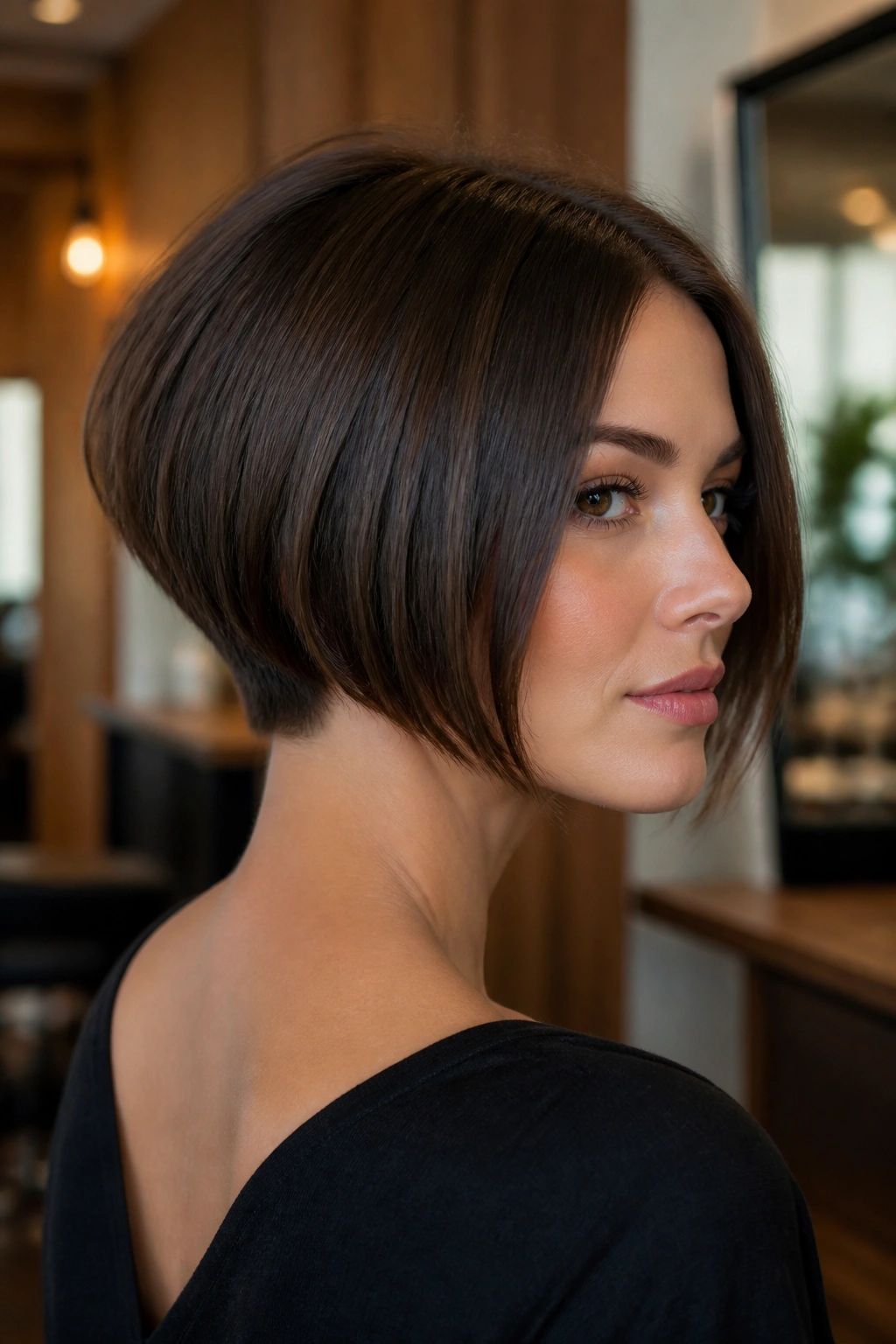 Portrait of a real woman with an inverted bob showing a clean nape and soft front pieces