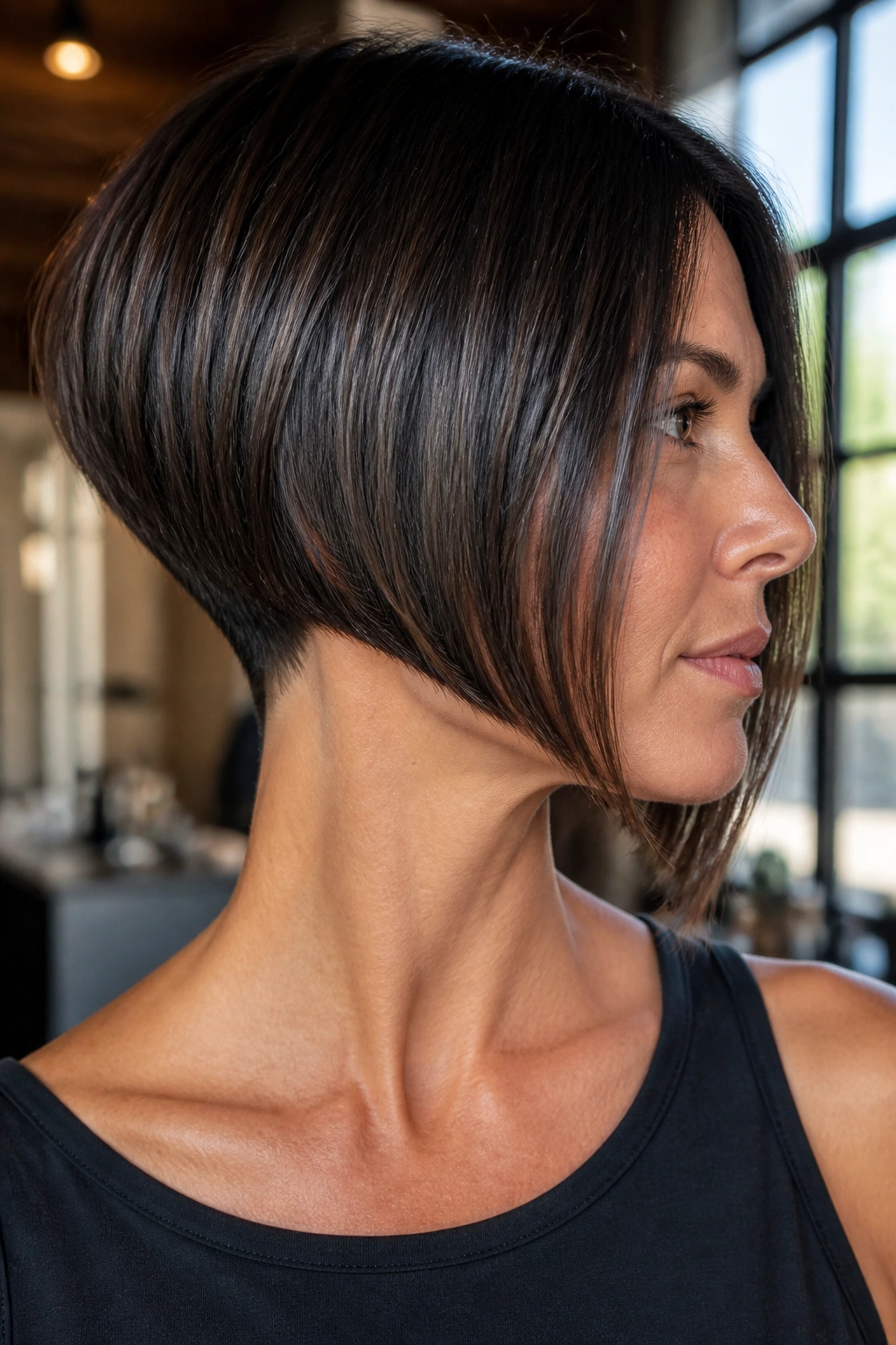 Close-up portrait of a real woman with an inverted bob, narrow nape, stacked back in a warm salon.