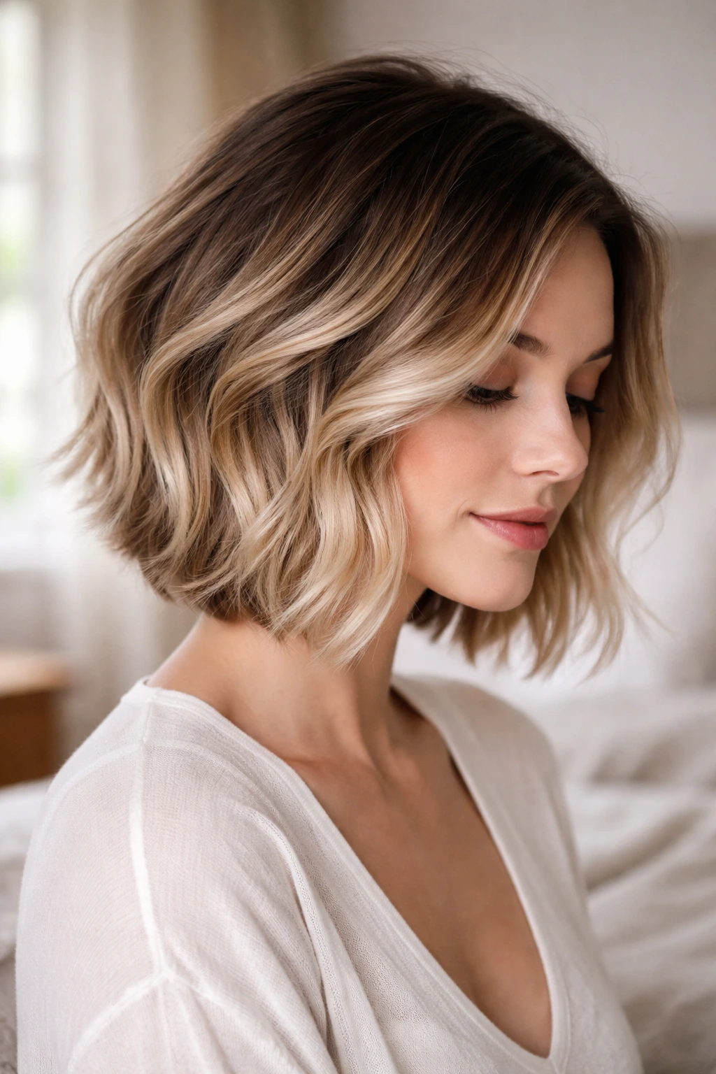 Close-up portrait of a real woman with a soft ombre inverted bob in window-light bedroom