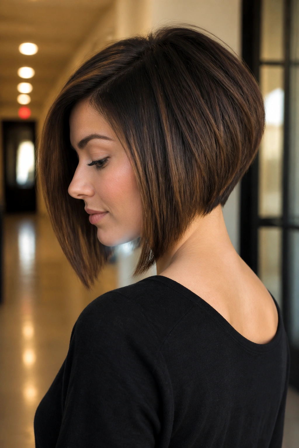Portrait of a real woman in an inverted bob highlighting short nape and longer front