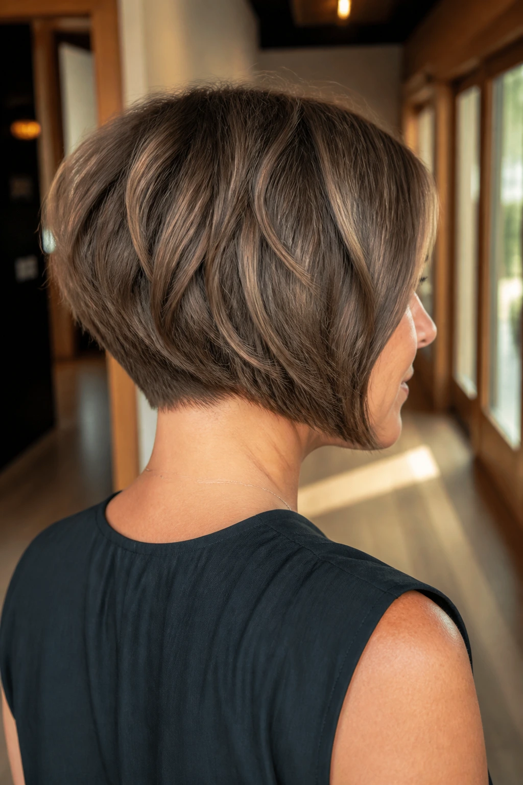 Back-view portrait of a woman with an inverted bob.