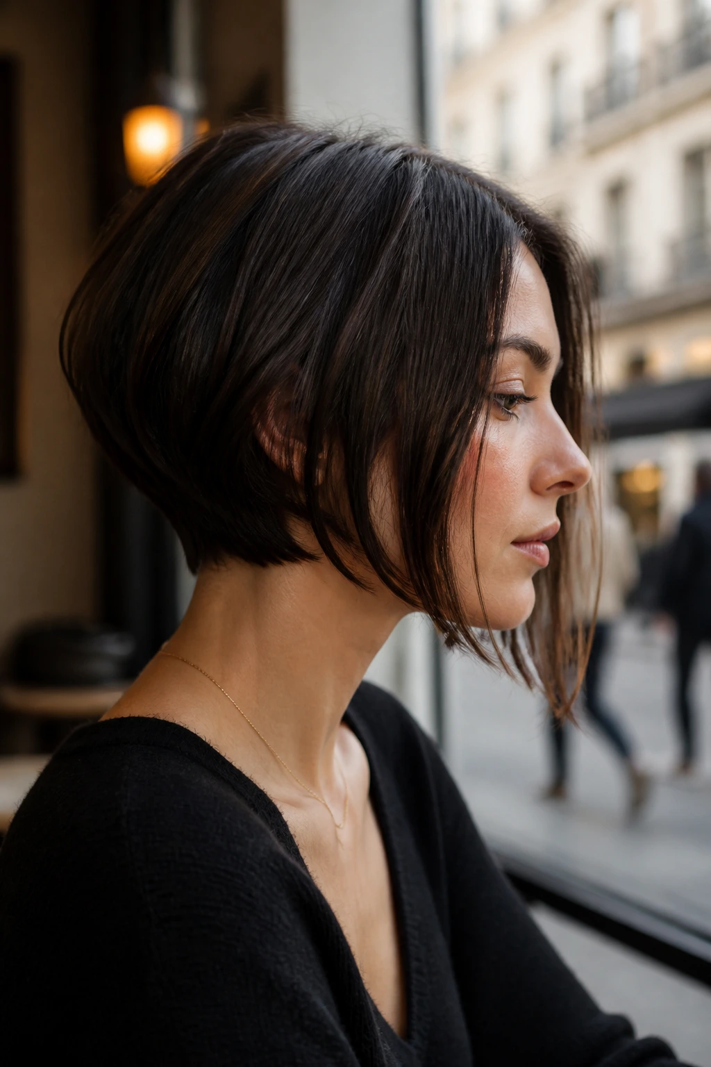 Side profile of a real woman with inverted French bob showing longer front and shorter back
