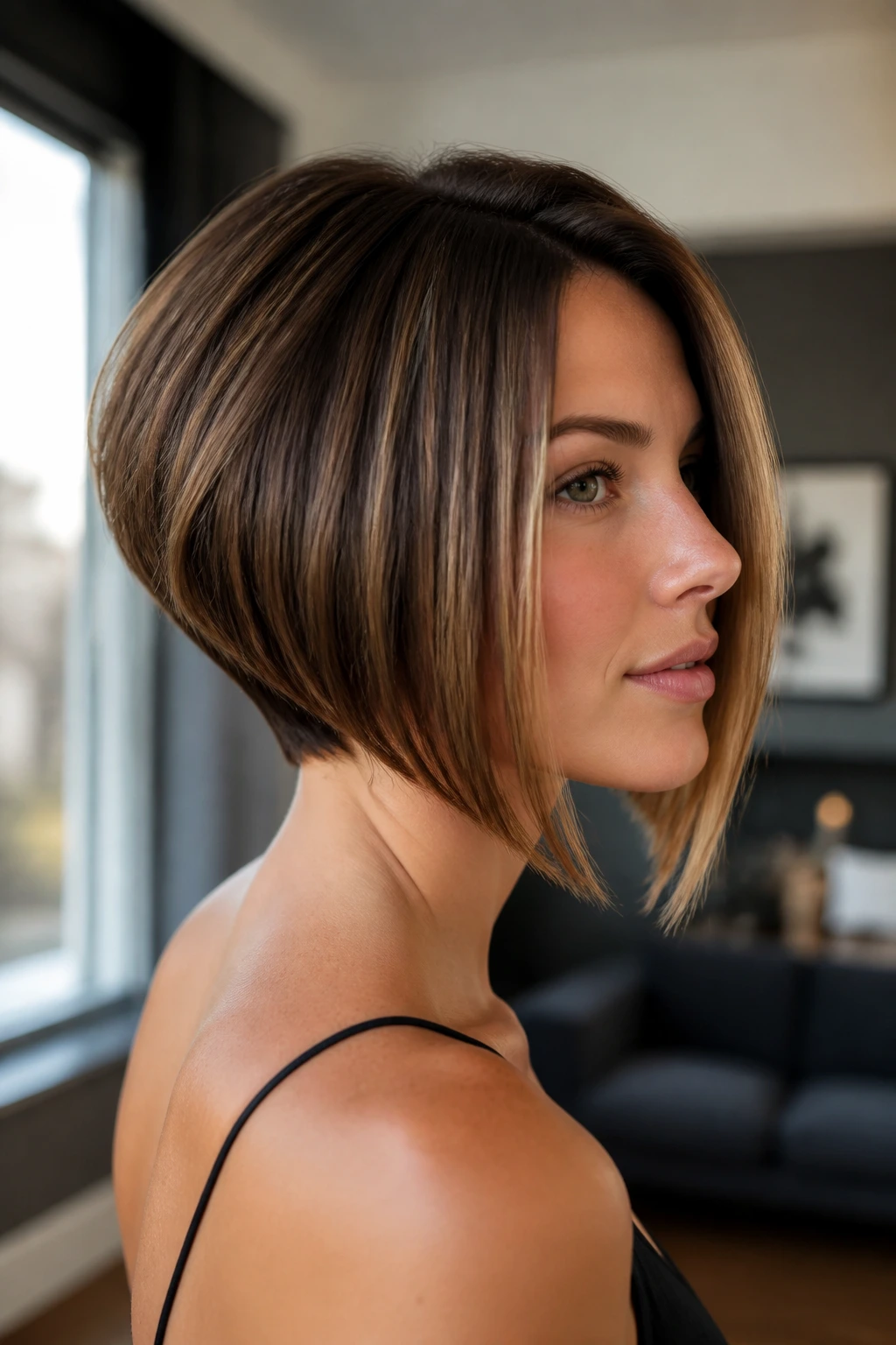 Close-up portrait of a real woman with an inverted bob showing back lift and longer front in warm window light
