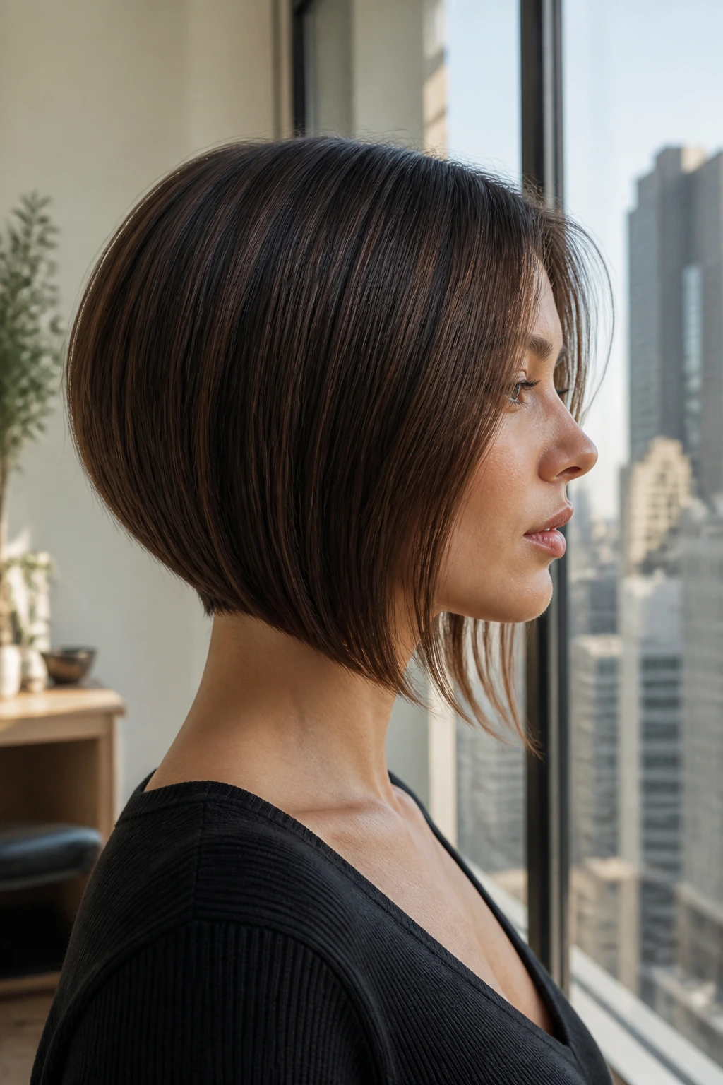Side-profile of a real woman with a slightly inverted bob.