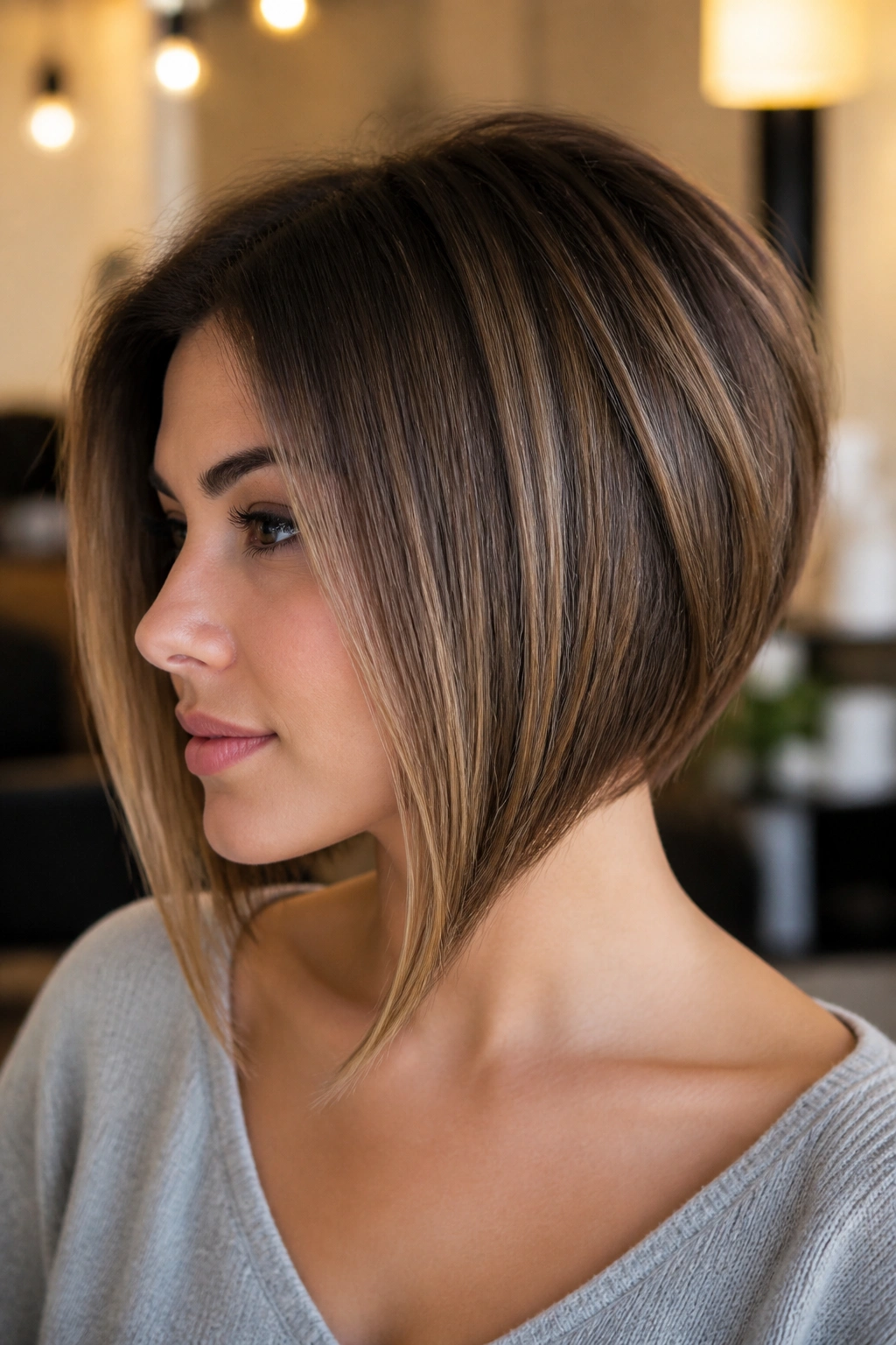 Close-up portrait of a real woman with inverted bob and longer front pieces in warm window light