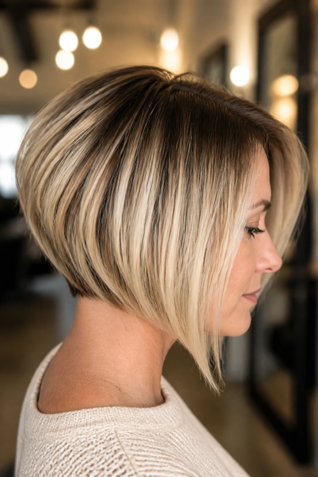 Portrait of a real woman with an inverted bob showing dark roots and creamy ends