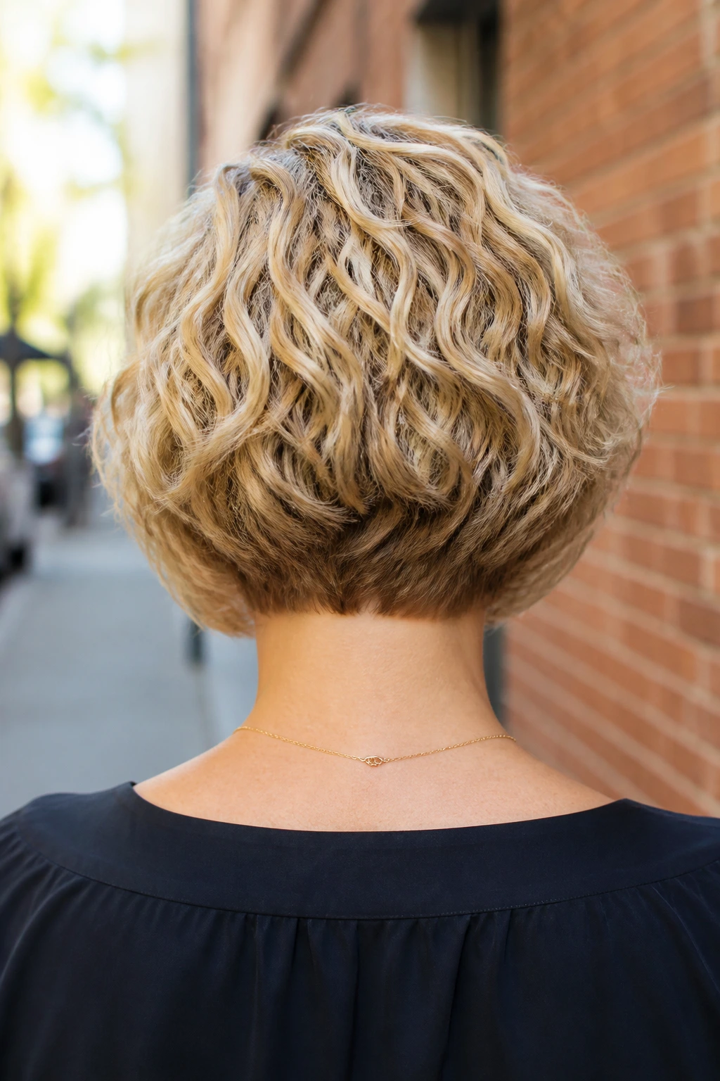 Back view of a real woman with an inverted bob and rounded back.