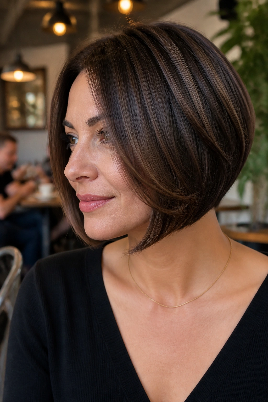 Close-up of woman with inverted bob and rounded interior layers