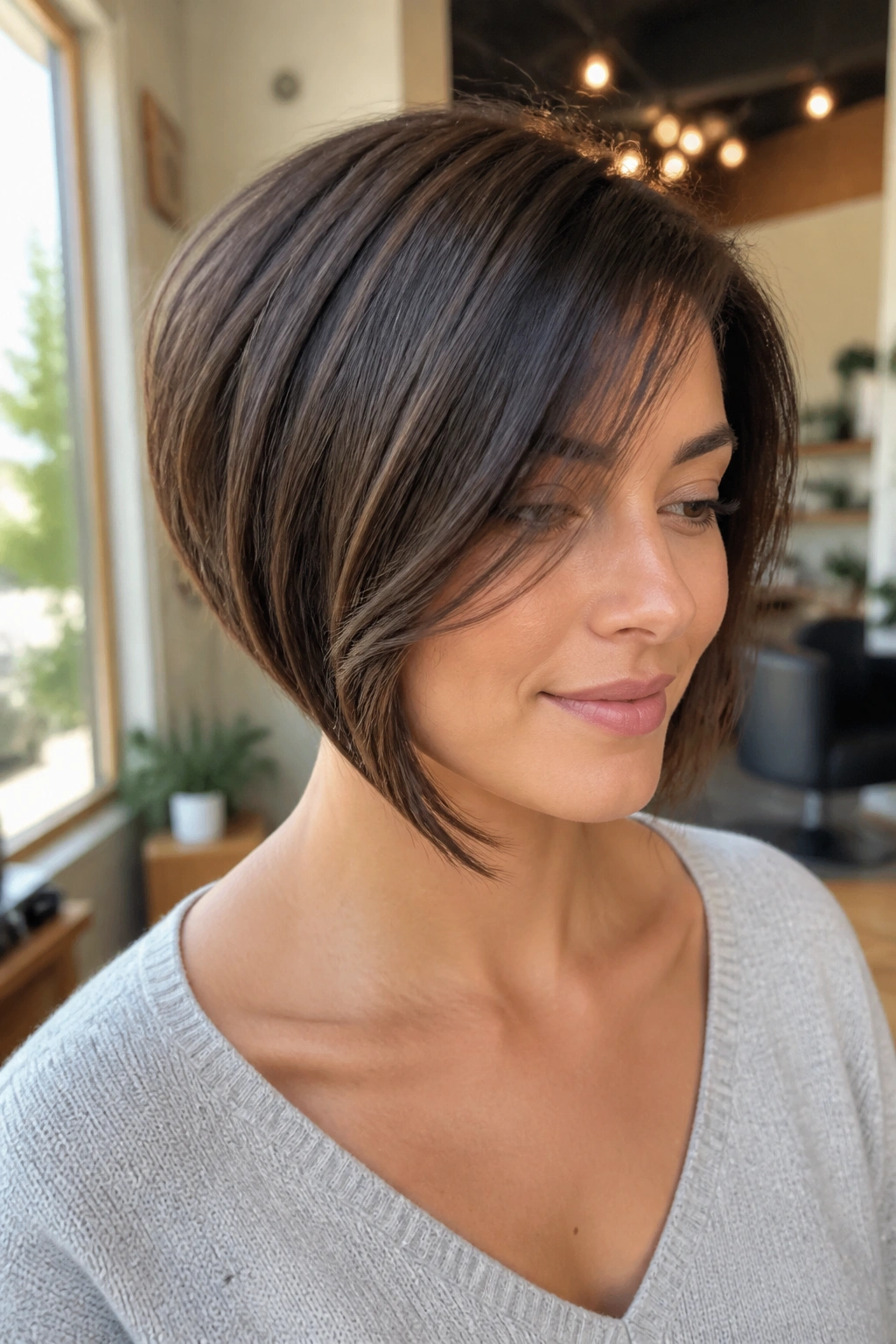 Real woman with inverted bob and side-swept bangs, close-up hair portrait
