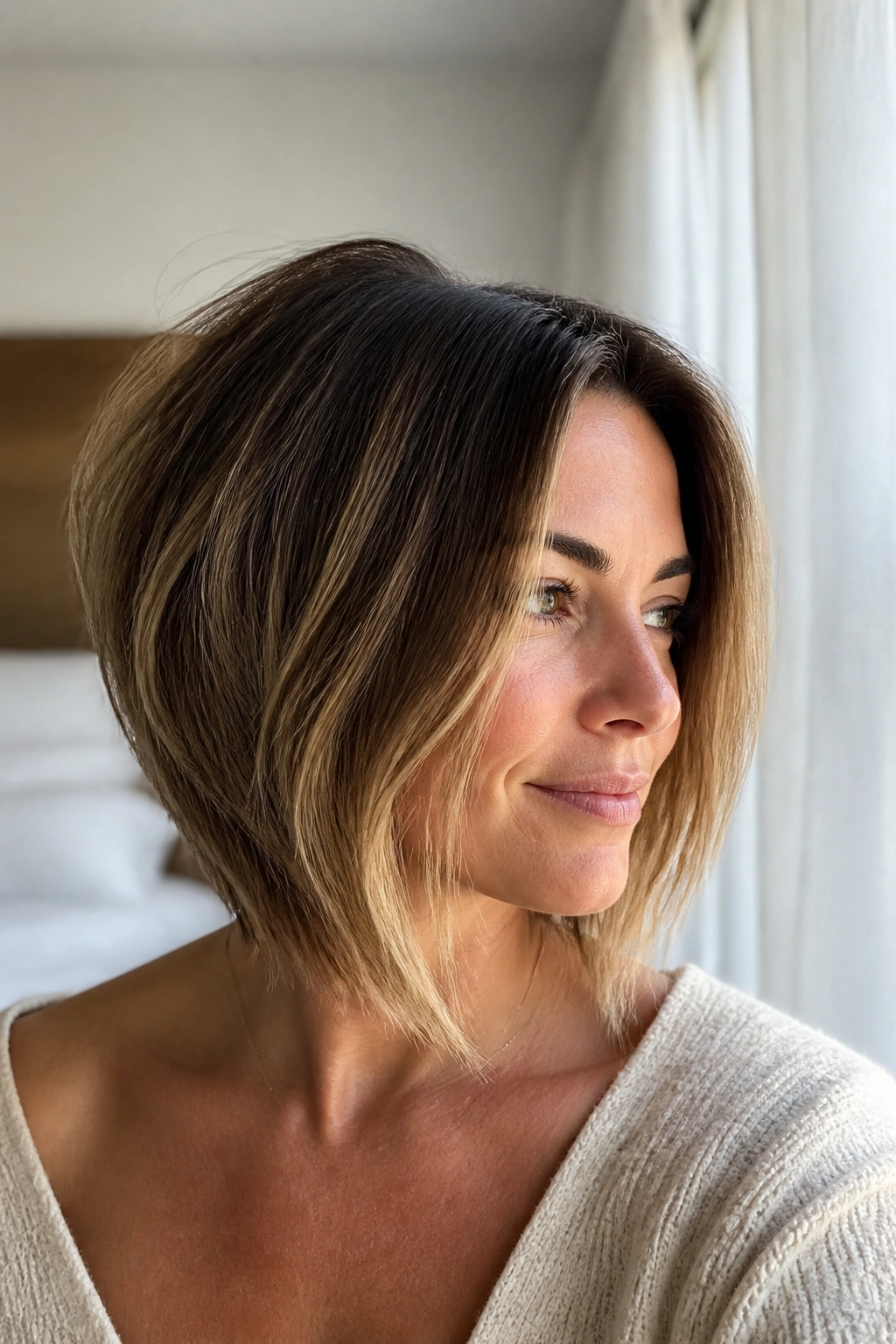 Close-up of a real woman with grown-out inverted bob and soft edges in natural light