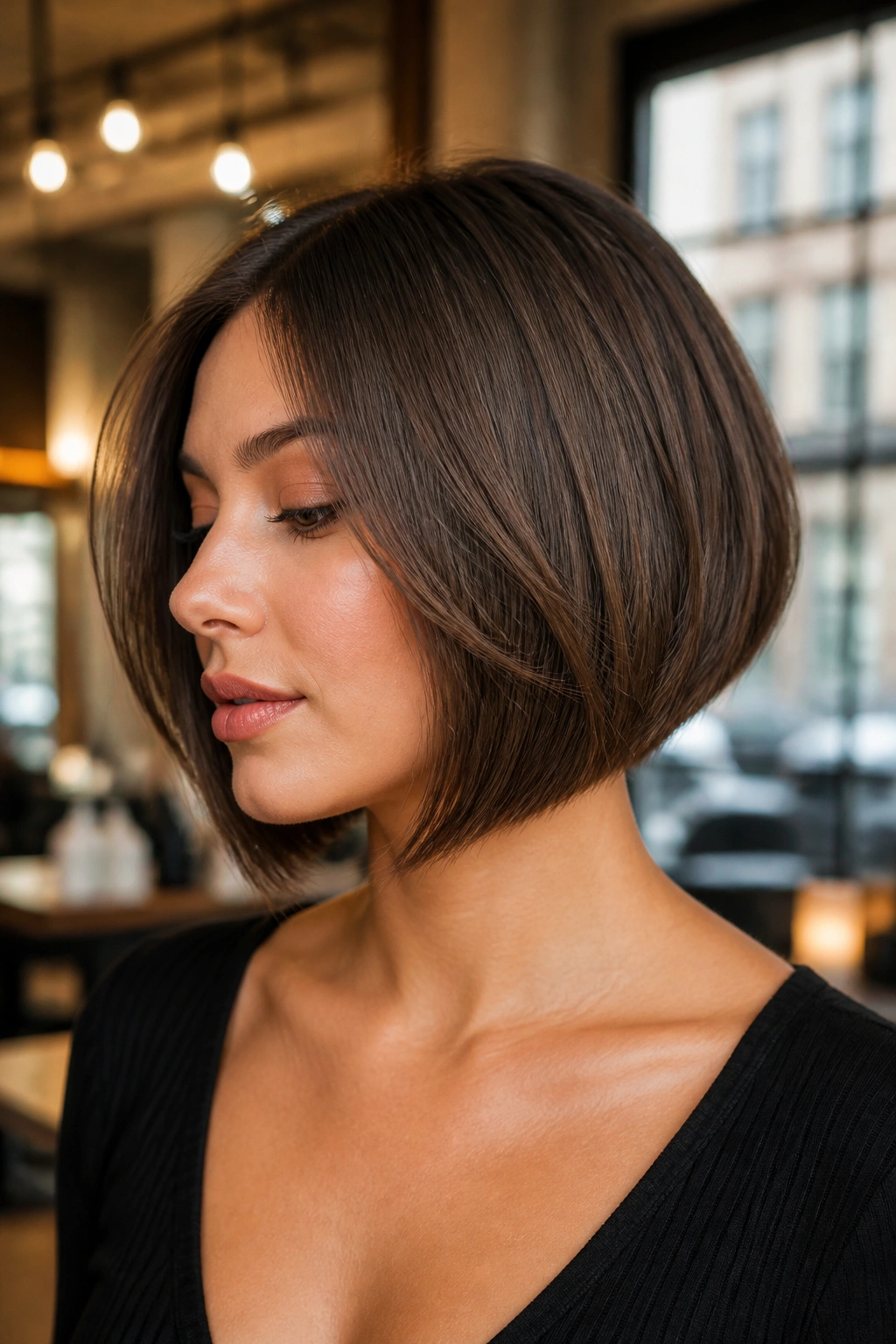 Close-up portrait of a real woman with chin-length inverted bob and soft-end bevel