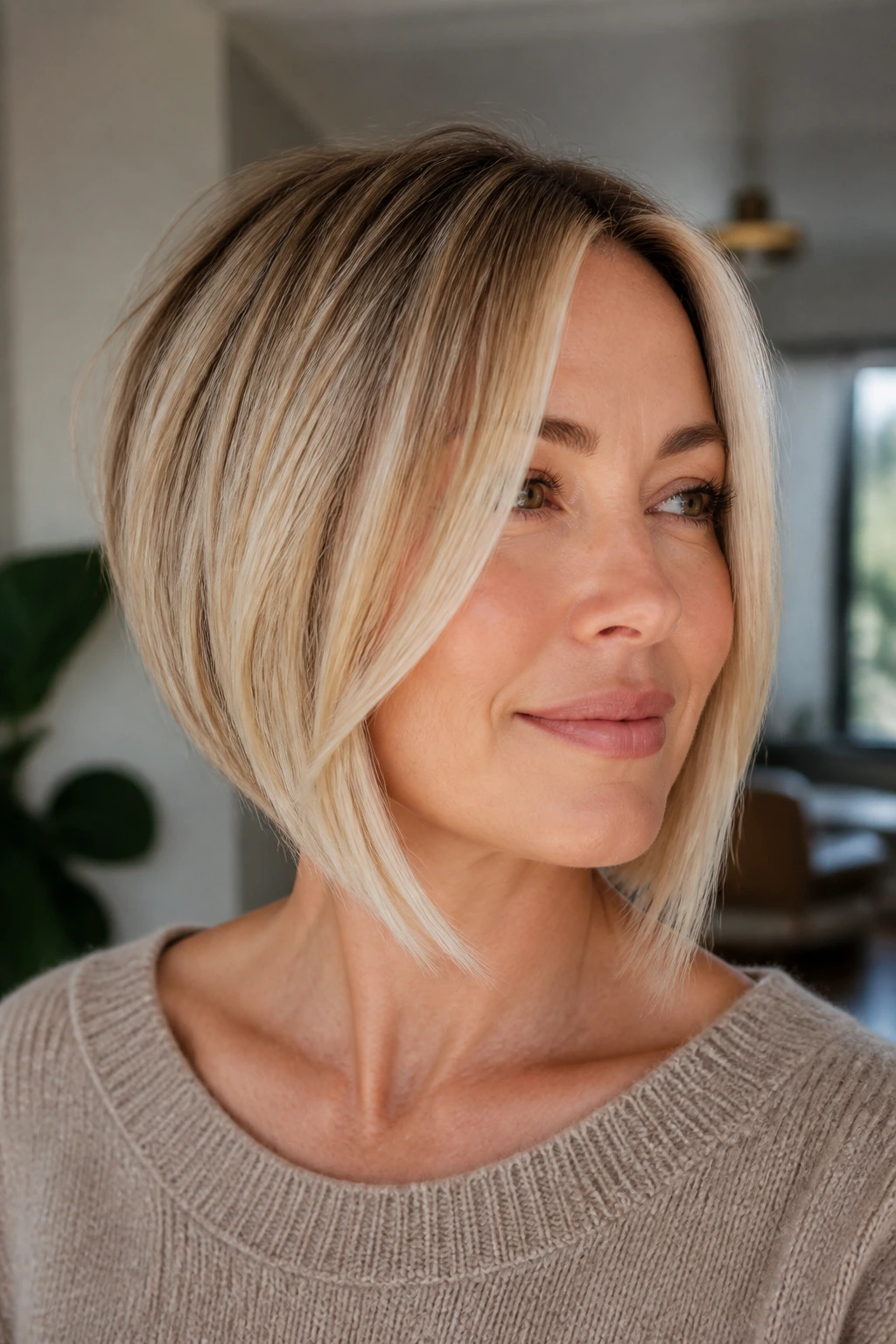 Portrait of a woman with an inverted bob and soft face-framing pieces