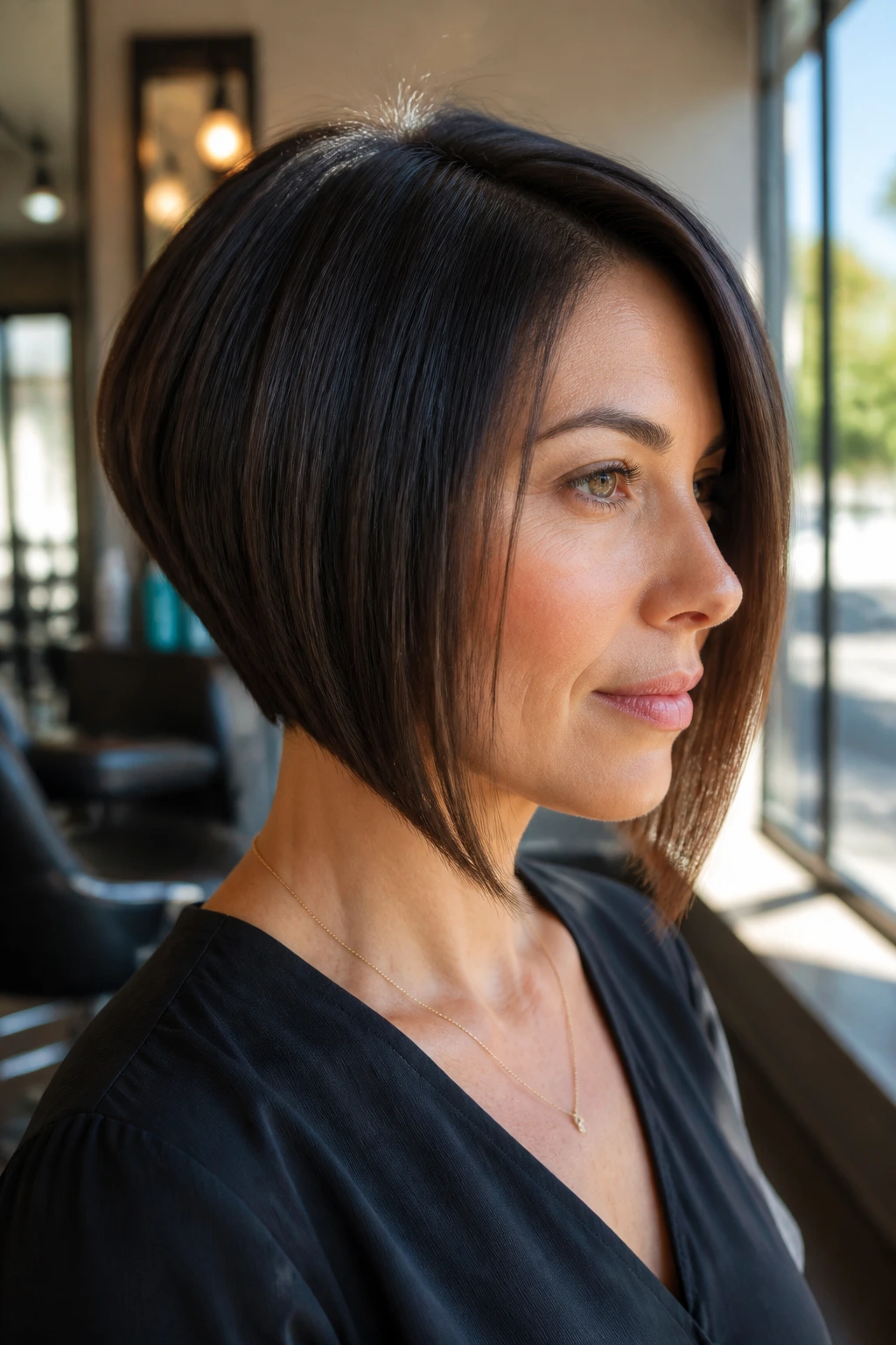Close-up portrait of a real woman with inverted bob and soft graduation