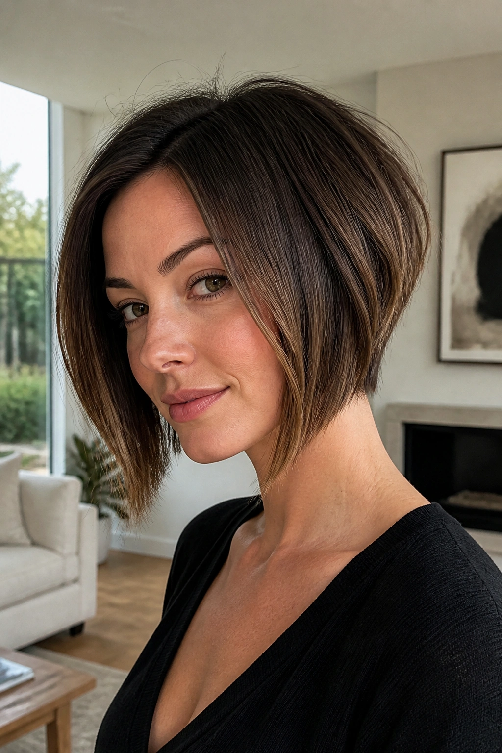 Portrait of real woman with inverted bob and soft graduation