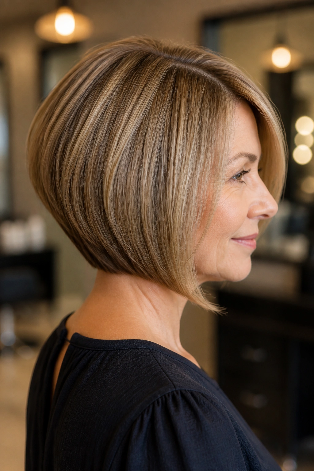 Three-quarter profile of a real woman showing an inverted rounded bob with a soft stack