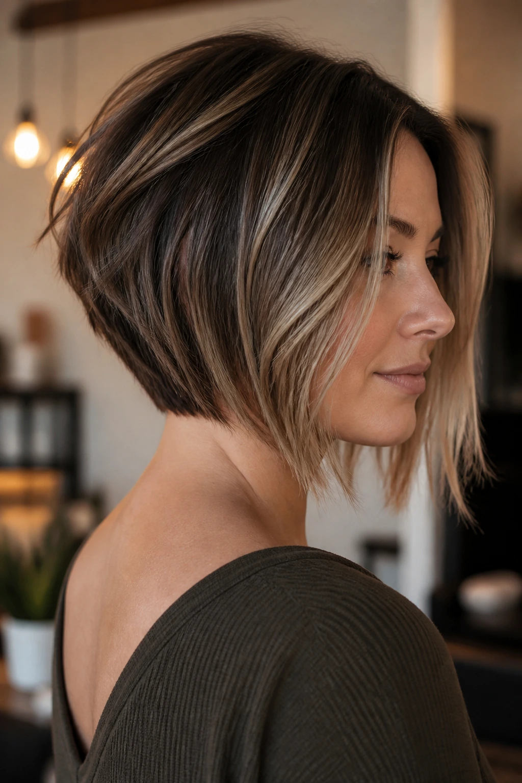 Three-quarter portrait showing inverted bob with soft stack on a real person