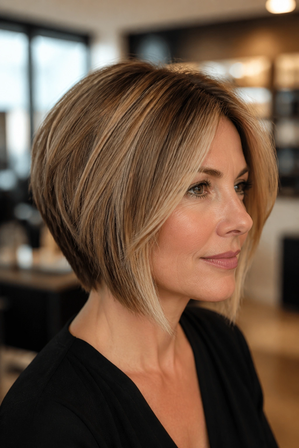 Close-up portrait of a real woman with a soft stacked inverted bob on fine hair, showing nape lift.