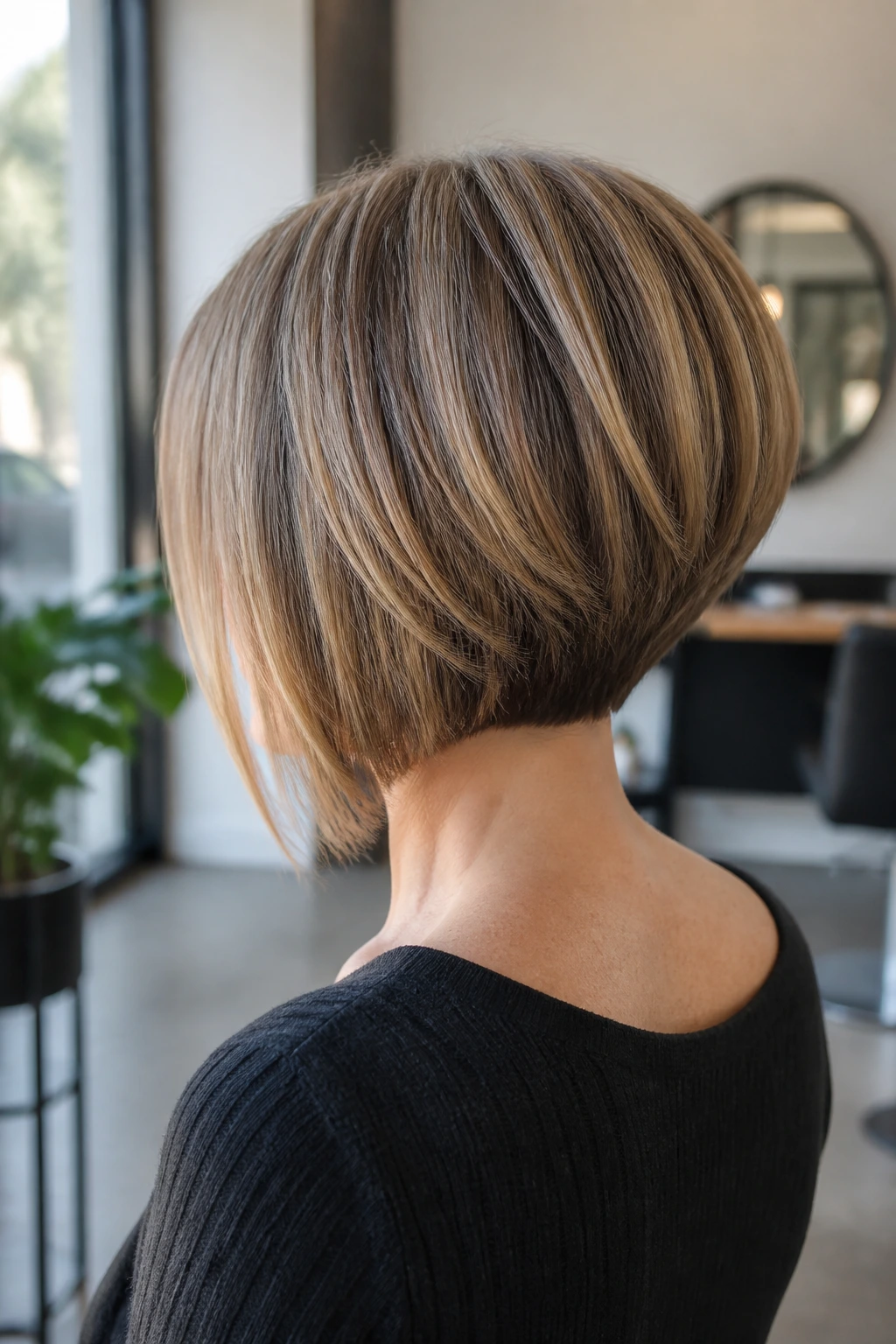 Rear three-quarter portrait of a real woman with inverted bob and soft stacking.