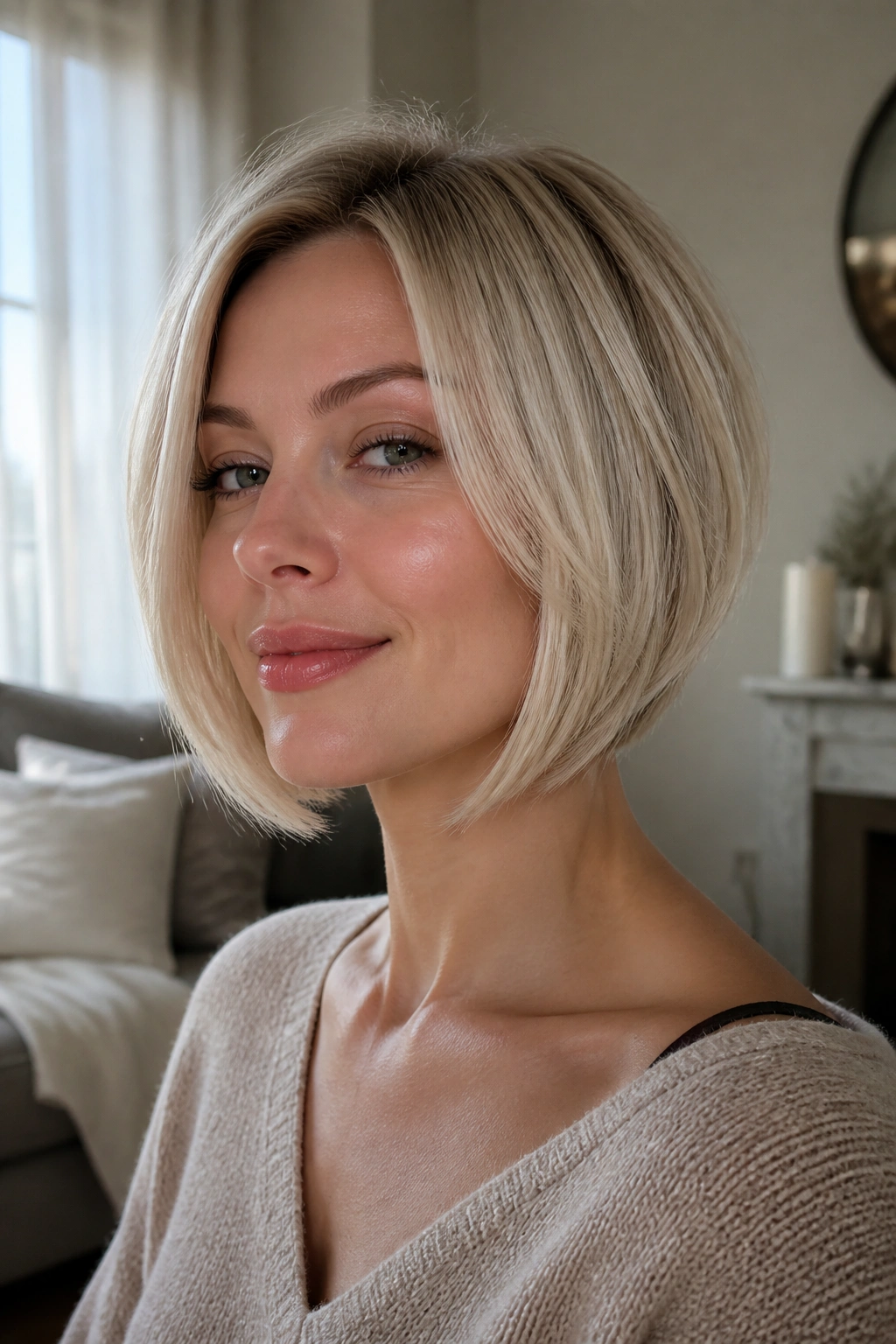 Close-up portrait of a real woman with chin-length inverted bob and soft stacking in champagne blonde, natural window light