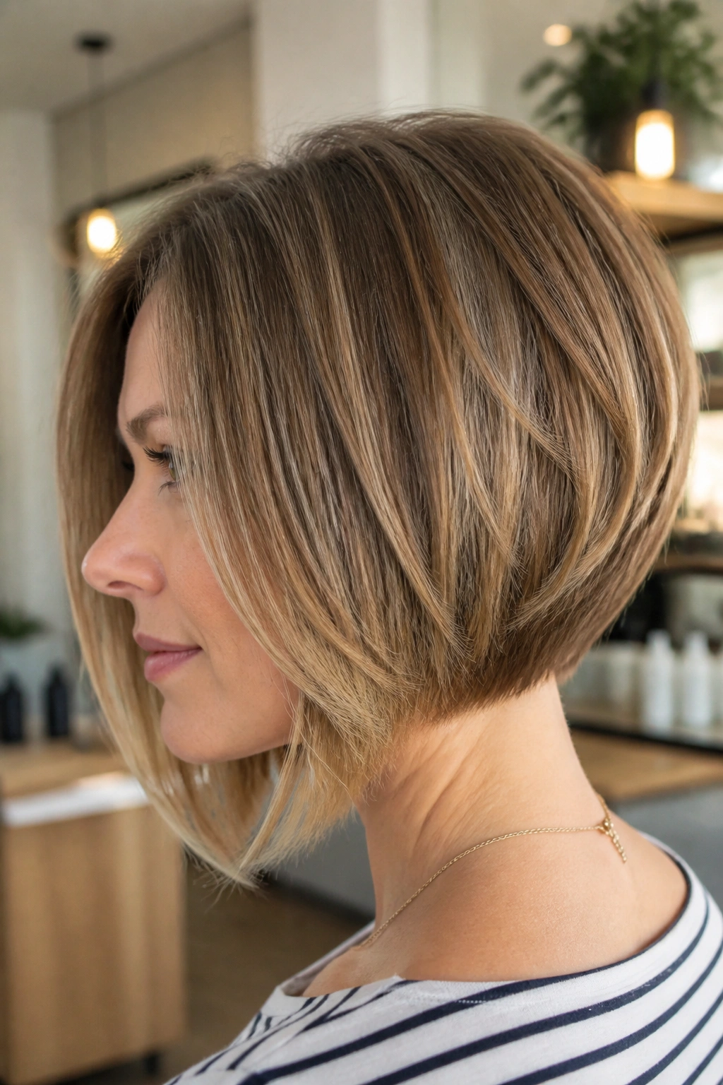 Real woman with inverted bob and soft underlayer in chic salon lighting