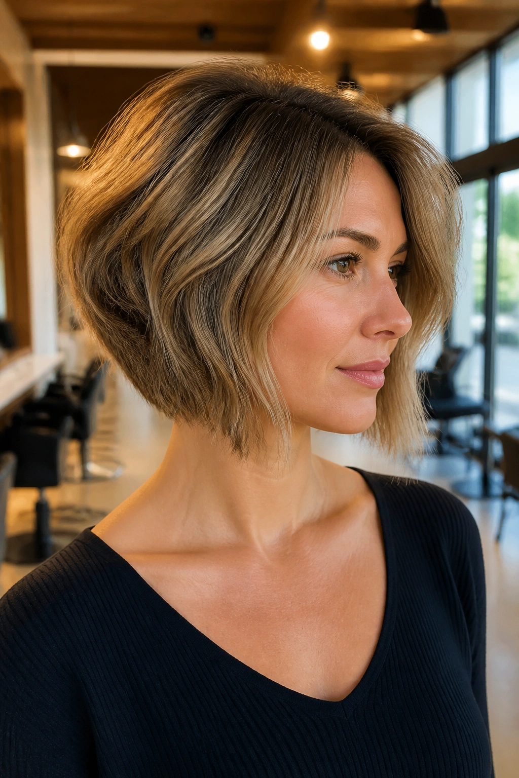 Close-up of a real woman with an inverted bob and soft volume in a salon setting