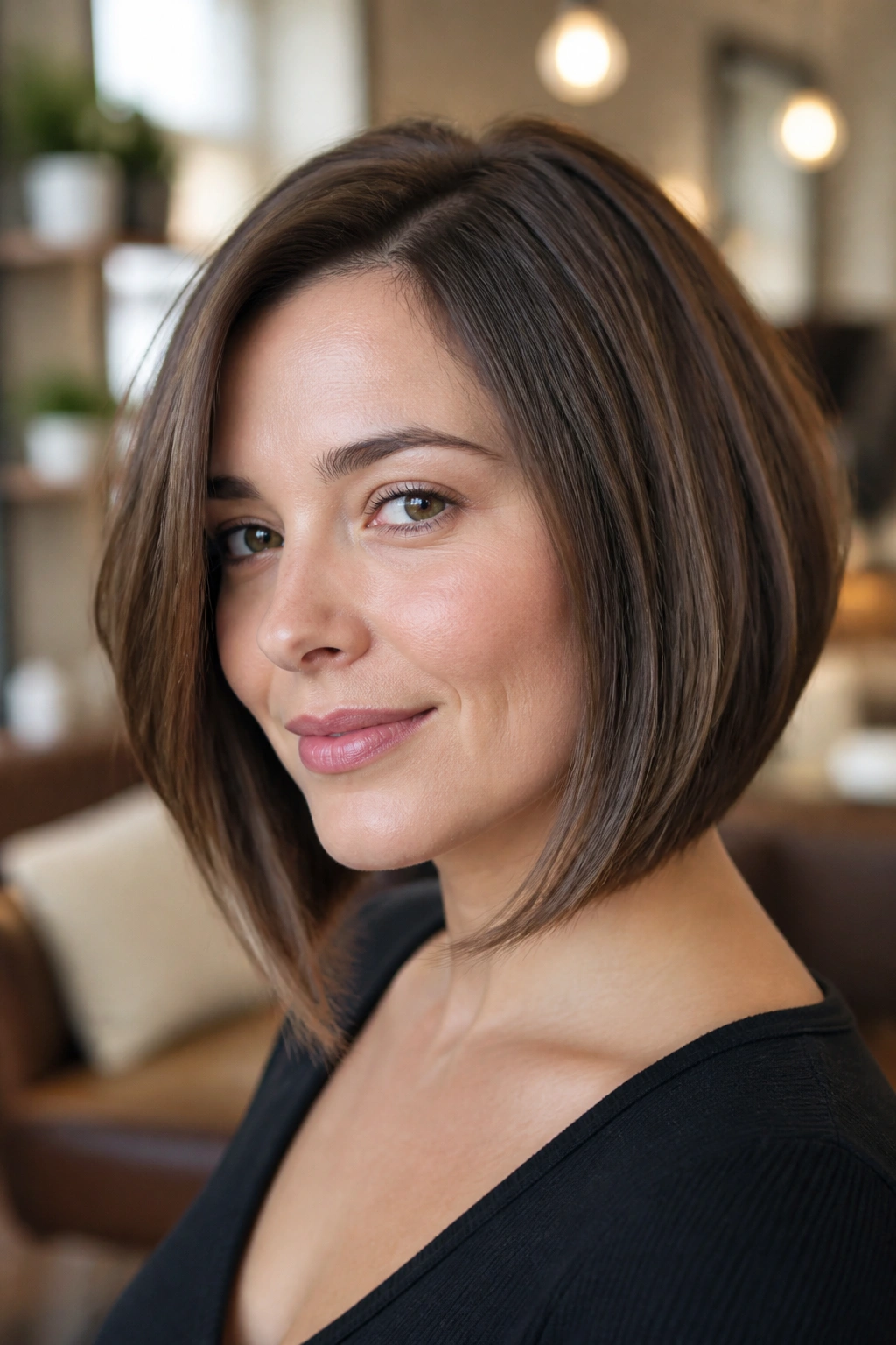 Close-up portrait of a real woman with a softly stacked inverted bob and bent ends