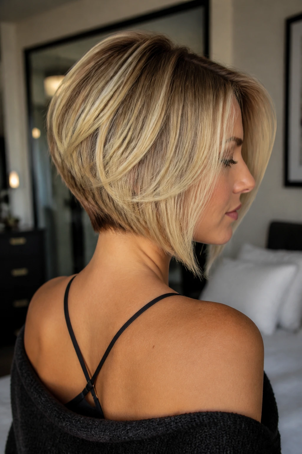 Real person with inverted bob and stacked back layers in blonde balayage