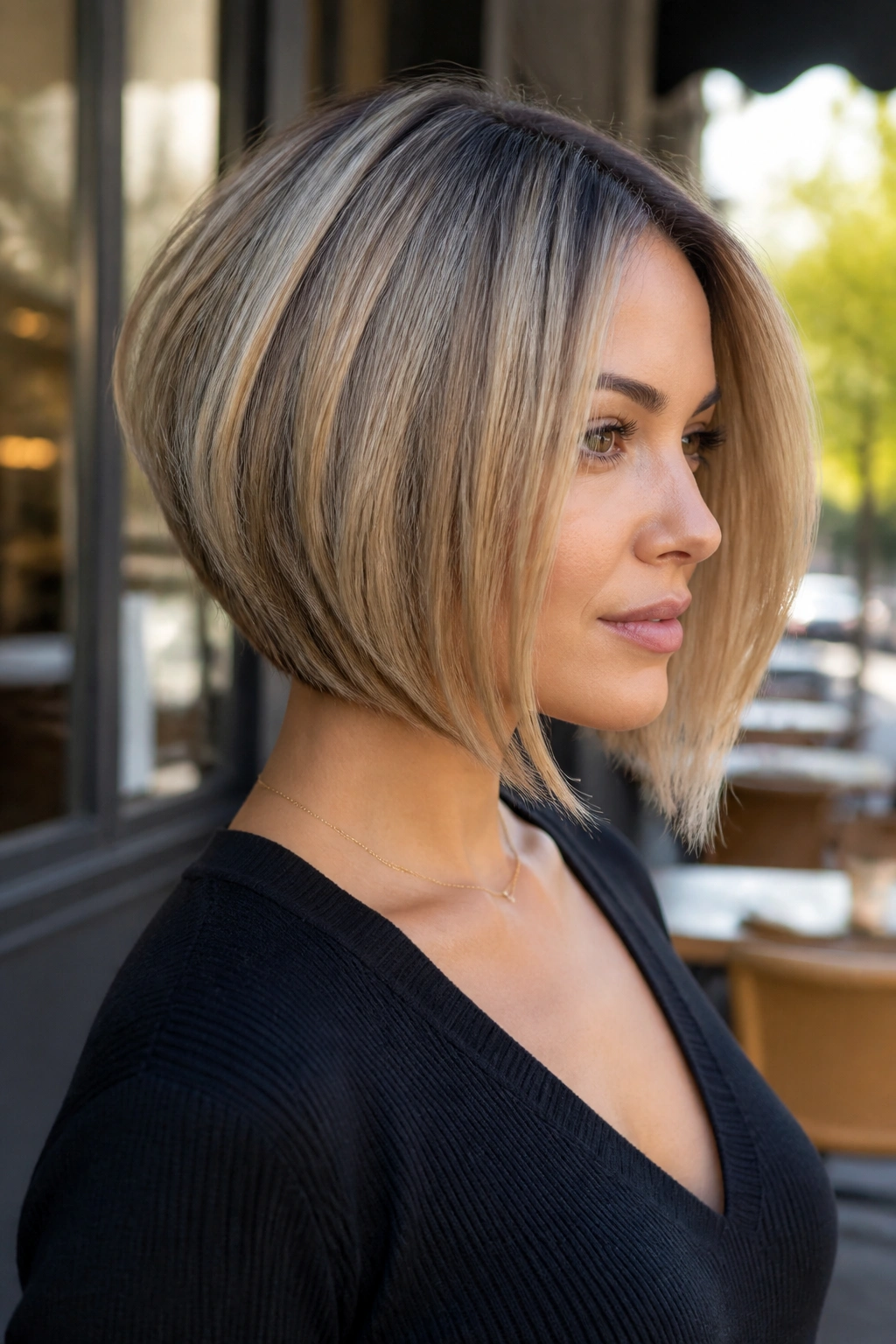 Three-quarter view of real woman with inverted bob showing stacked back and longer front