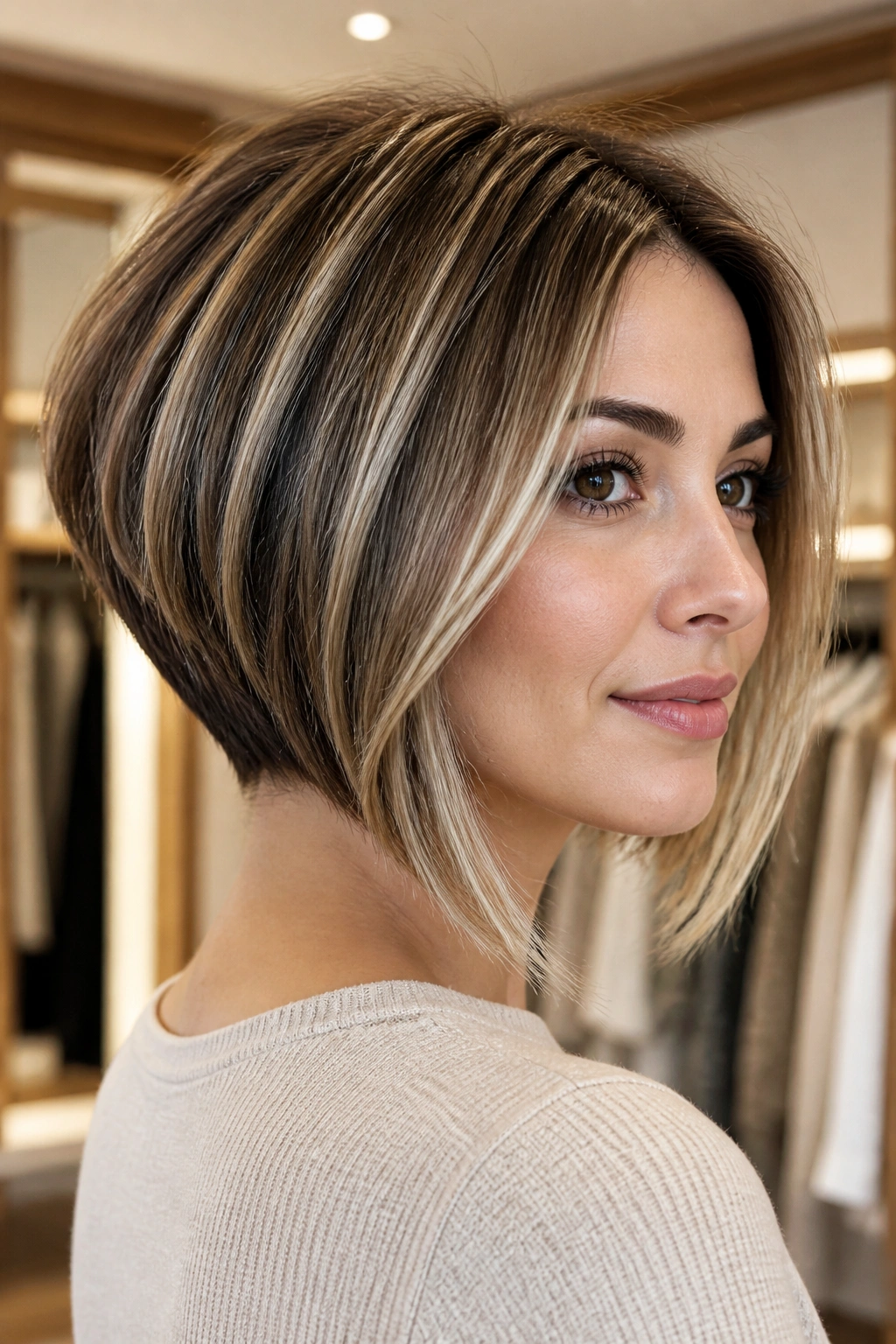 Close-up of a woman with an inverted bob featuring a stacked back and chin-length front.