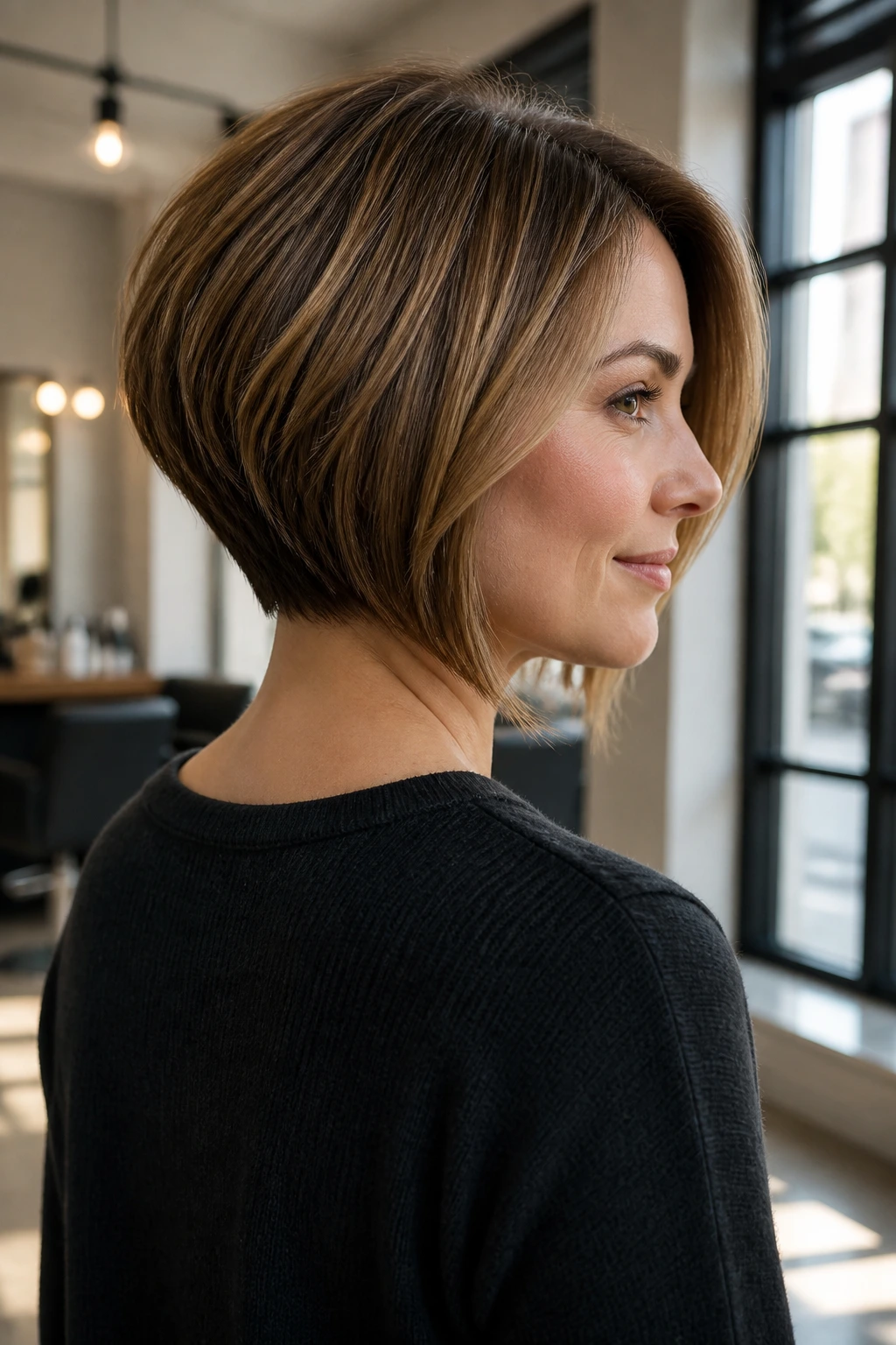 Three-quarter view of a real woman with inverted bob stacked back