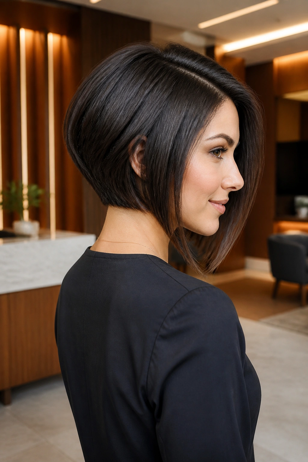 Real woman with inverted bob stacked back, side profile showing back lift