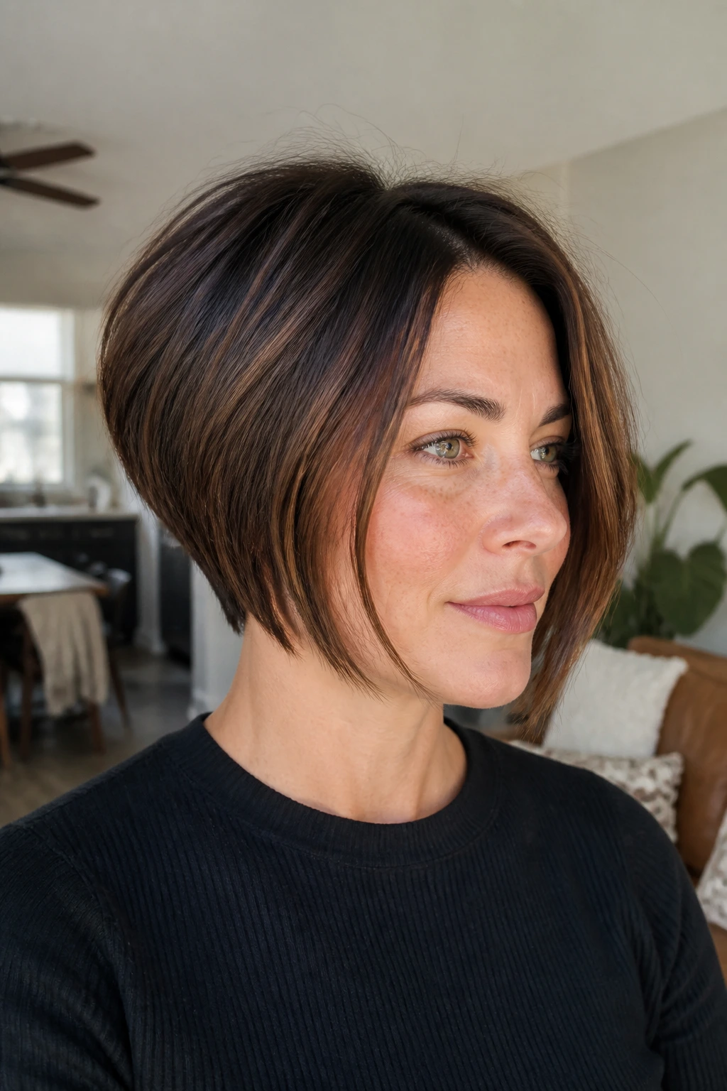Close-up portrait of a real person with a low-maintenance inverted stacked bob, lit by soft morning light