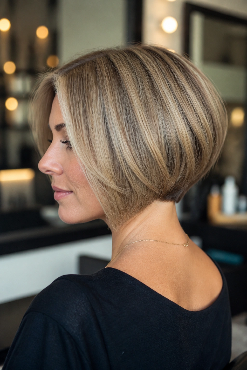 Close-up of a real woman with jaw-grazing stacked inverted bob and clean nape