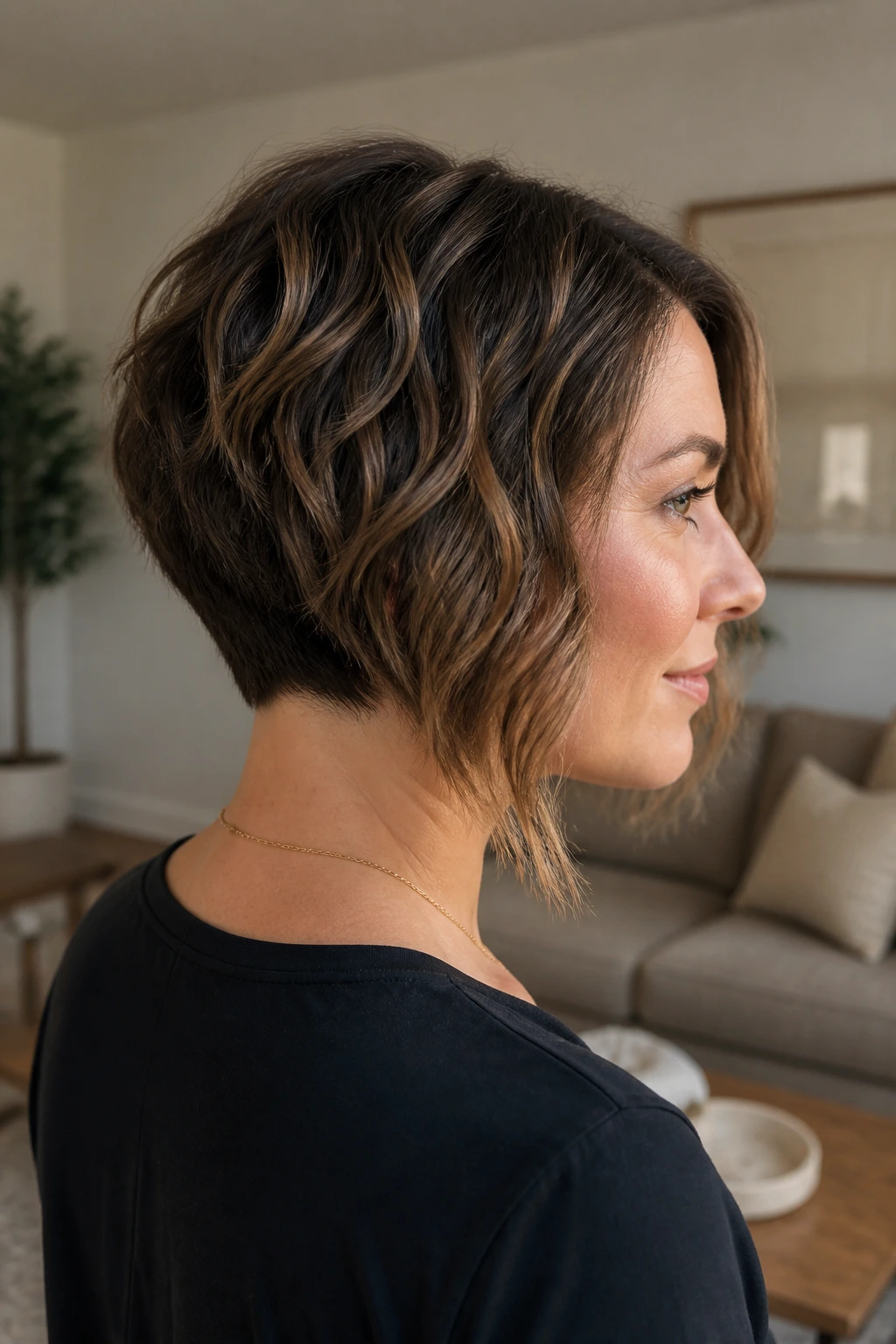 3/4 profile of a real woman with an inverted bob and tapered back