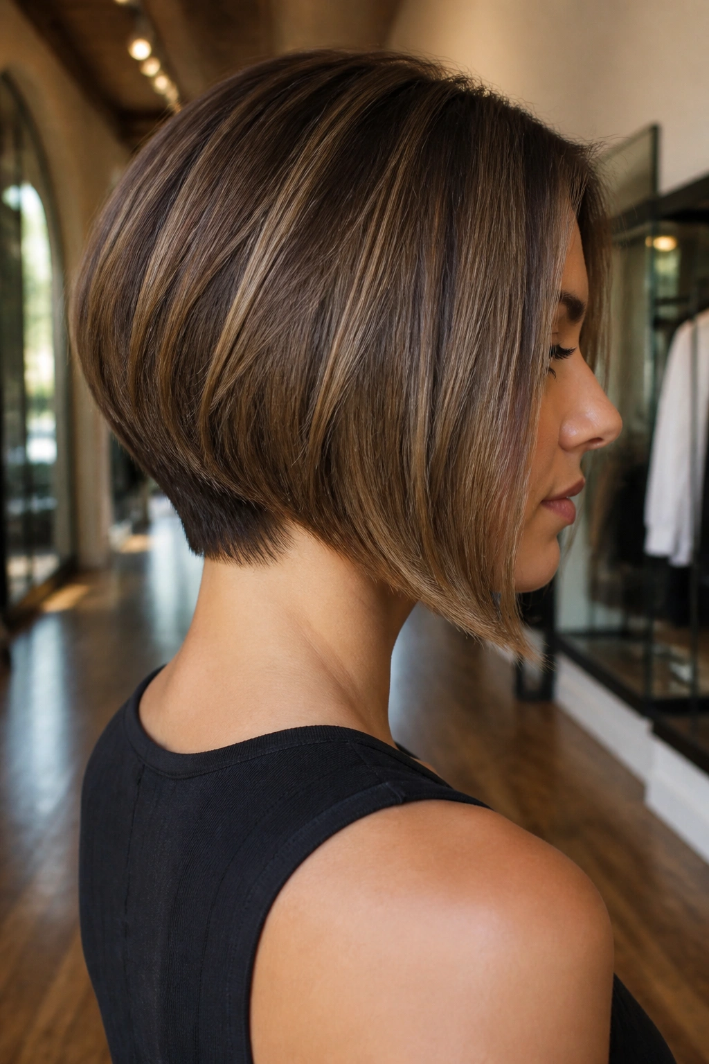 Real person with inverted bob and tapered nape in chic daylight