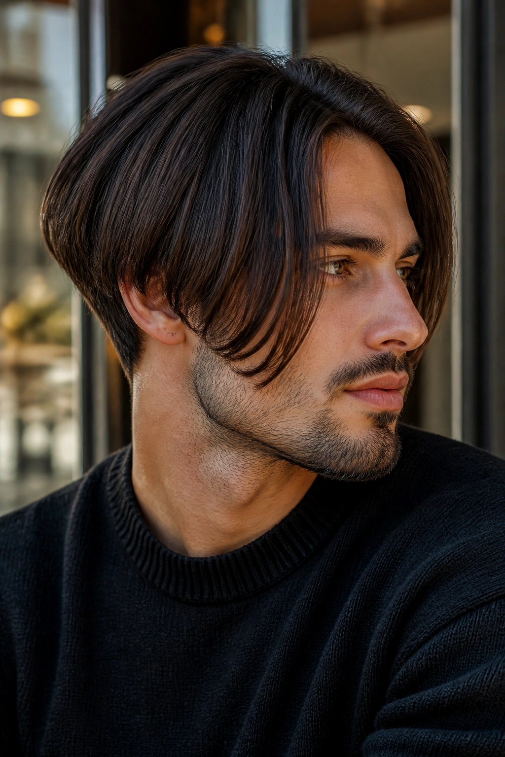 Close-up portrait of a man with a tapered nape inverted bob at the neck.
