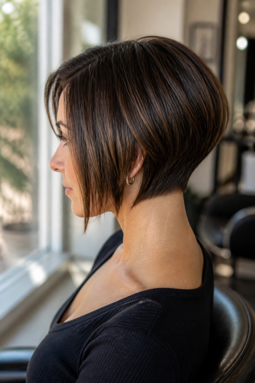 Close-up of a real woman with an inverted bob and tapered nape under warm window light