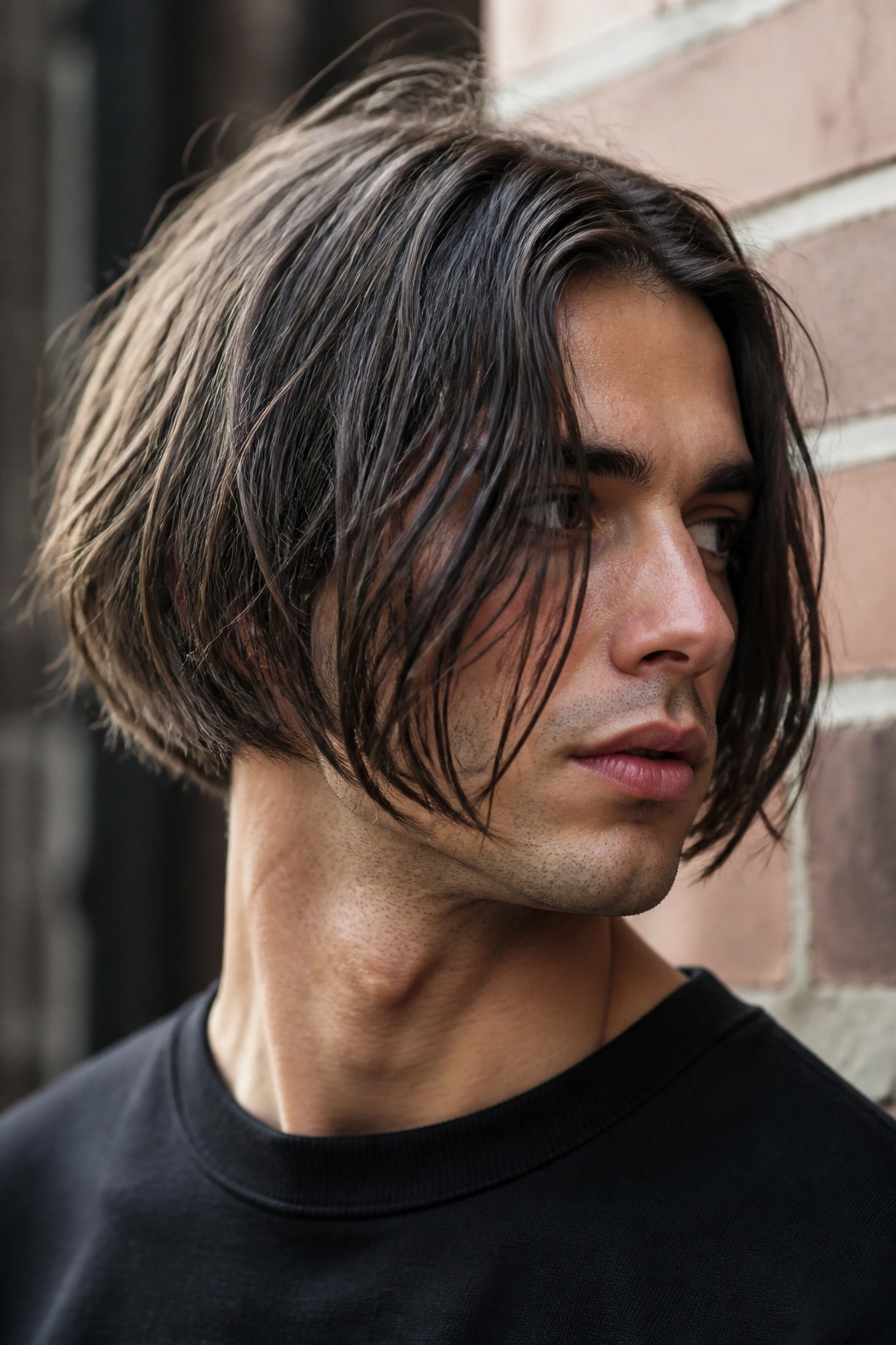 Close-up portrait of a man with textured inverted bob showing movement.