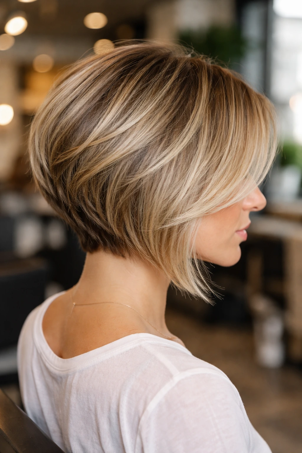 Portrait of real woman with inverted bob and texturized layers in salon light