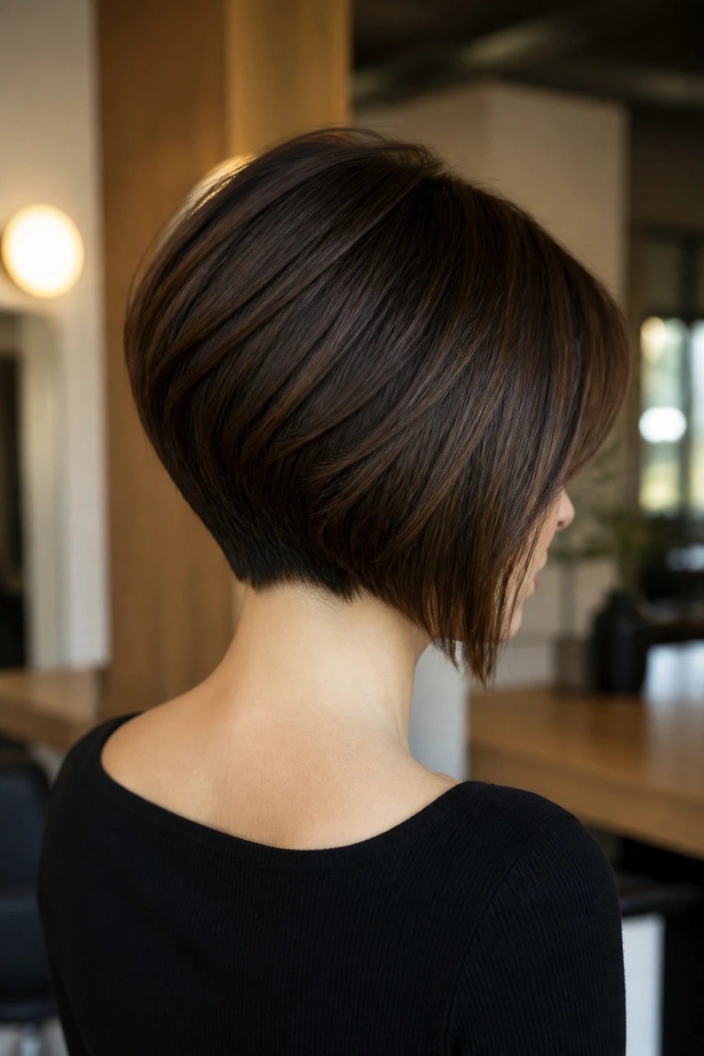 Portrait of a real woman with an inverted bob showing a stacked back and longer front.