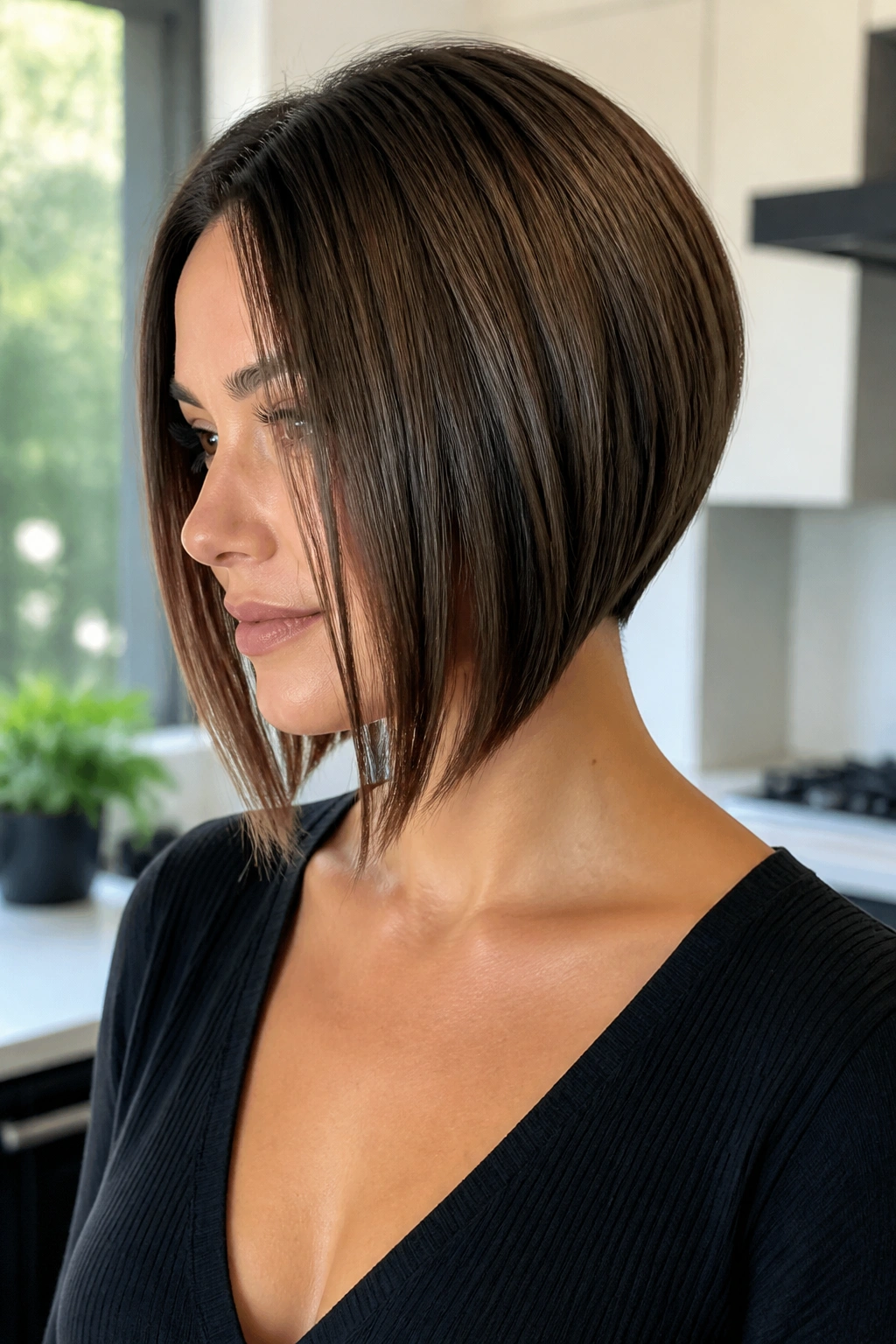 Real woman with inverted bob and tight nape in close portrait