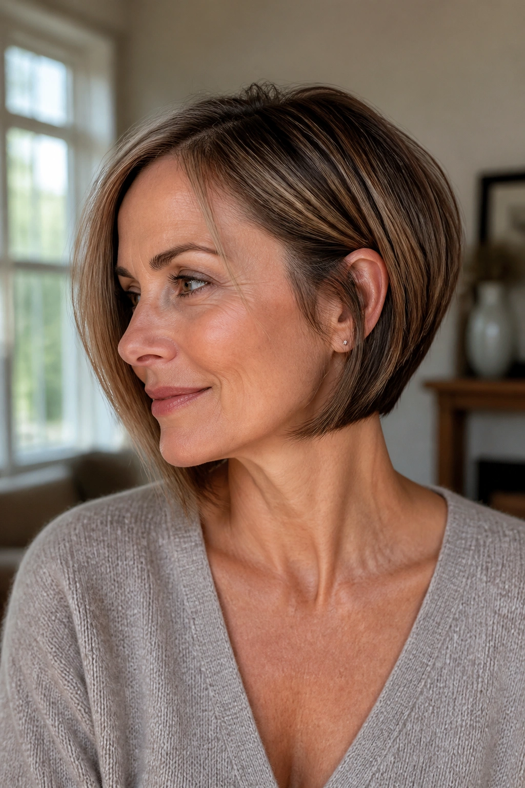 Close-up portrait of a real woman with a tuck-friendly inverted bob, front tucked behind the ear.